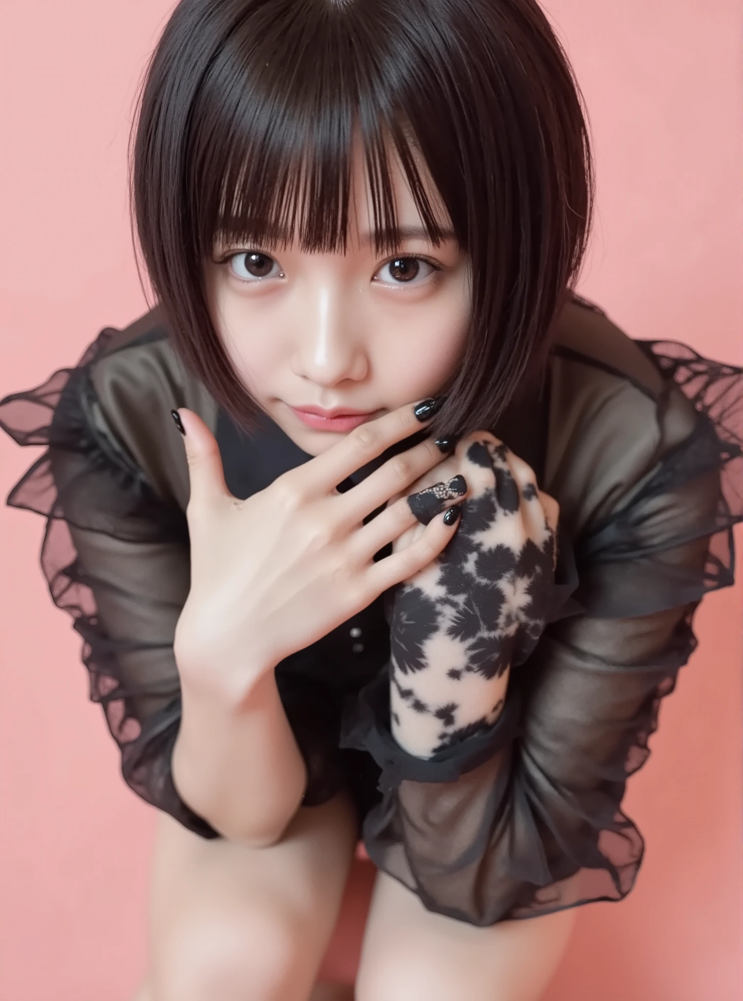 high image quality、masterpiece、realistic、((please make the correct human body structure))、(((angle in front)))、 (((gothic lolita fashion)))、dark brown bob、((Background is pale coral pink))、Smile、(((angle in front)))、((blur background))、((eye closeup shot))、 (((gothic lolita fashion)))、