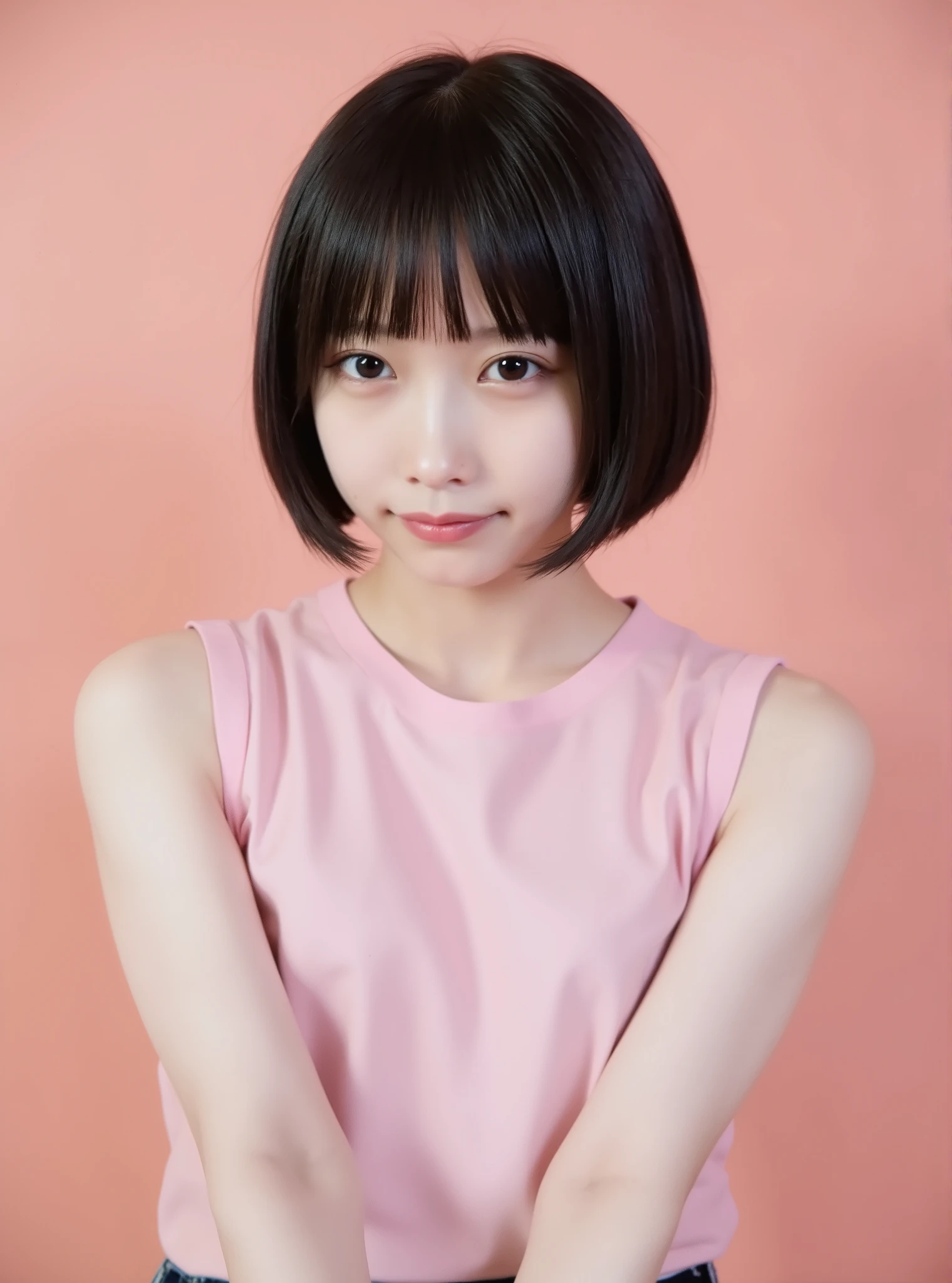 high image quality、masterpiece、realistic、((Please make the correct human body configuration))、(((kneeling shot)))、 (((gothic lolita fashion)))、dark brown bob、((Background is pale coral pink))、Smile、((blur background))、((kneeling shot))、