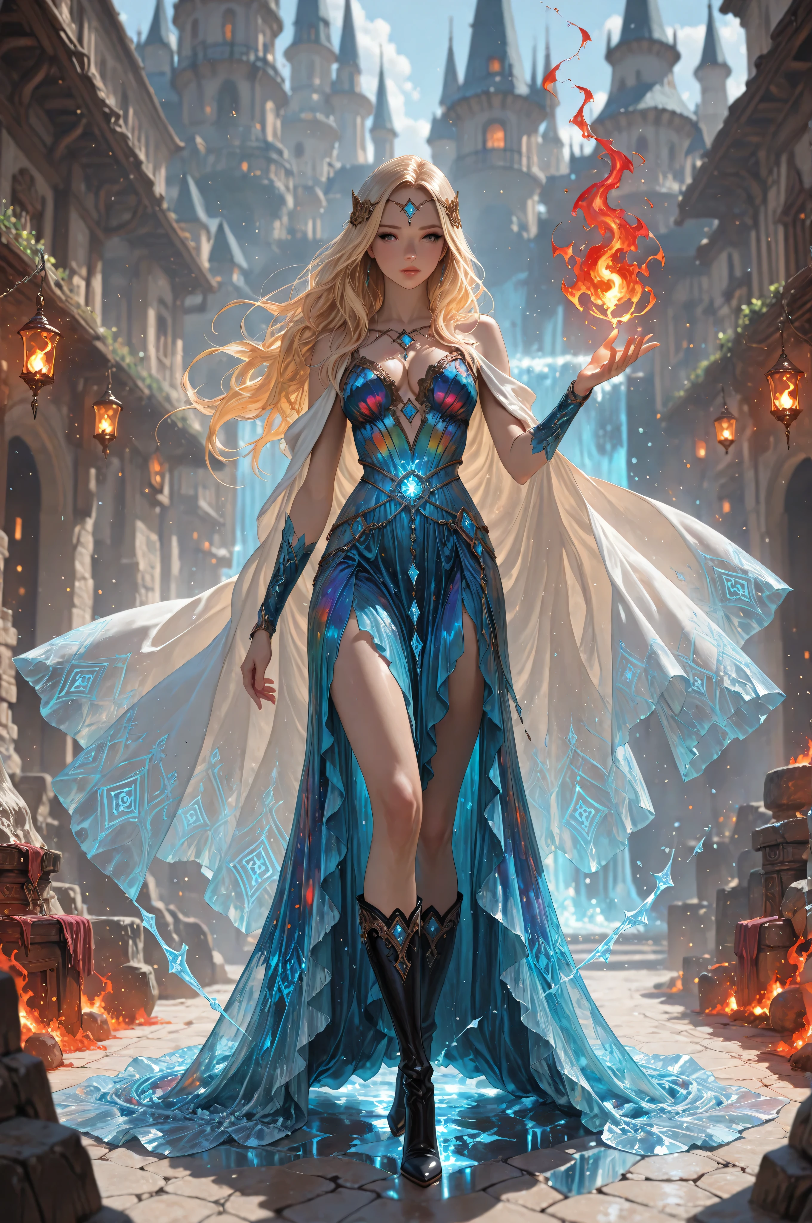 ice,aidmaMJ6.1,a sorceress casting a azure ice spell in magical festival, exquisite beautiful human woman, blond hair, long hair, dark colorful dress, intricate dress, silk dress, small cleavage, white cloak, high heeled boots, and icy magical runes in the air,  she is in a festival of magic, sunny day, high details, best quality, 16k, ultra detailed, masterpiece, best quality, (extremely detailed), full body, (ultra details, Masterpiece, best quality), fantasy art, dnd art,fantasy art, realistic art, red fire perfect face, perfect body, 