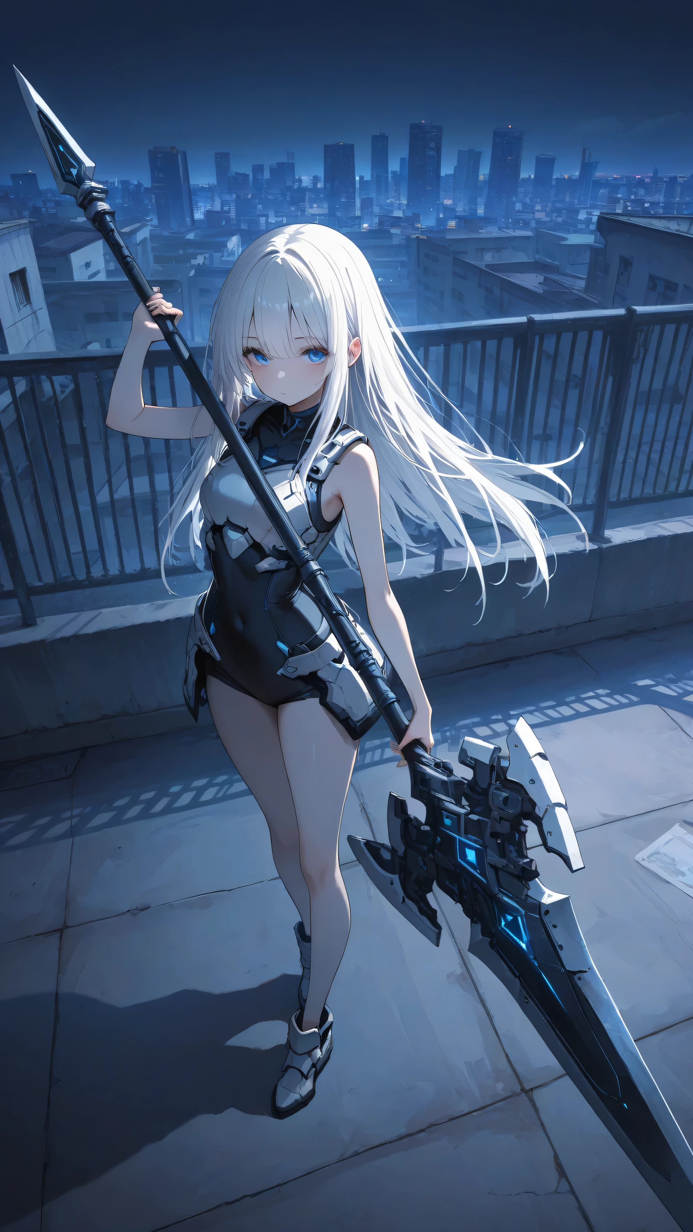 masterpiece, best quality, photography, high contrast, cenematic painting, ultra high resolution, faded color, an anime girl, cute face, armored girl, slender body, clear skin, mechanical spear, spear aimed, targeting using spear, (Hold the spear with one hand), blue eyes, absolutely white hair, long hair, straight hair, battle suit, combat armor, high-leg, sleeveless, bodysuit, bare arms, bare legs, rooftop, rooftop fence,  urban, slum, night, night time, shadow, detailed eyes, cute eyes, skyline, skyscraper