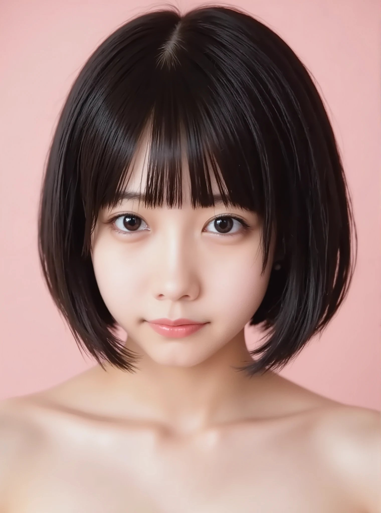 (dark brown bob haired woman)、white skin、(((Gothic Lolita fashion))),portrait、((Focus on eyes)),(((angle in front))), has a pale pink background、((Focus on eyes)),