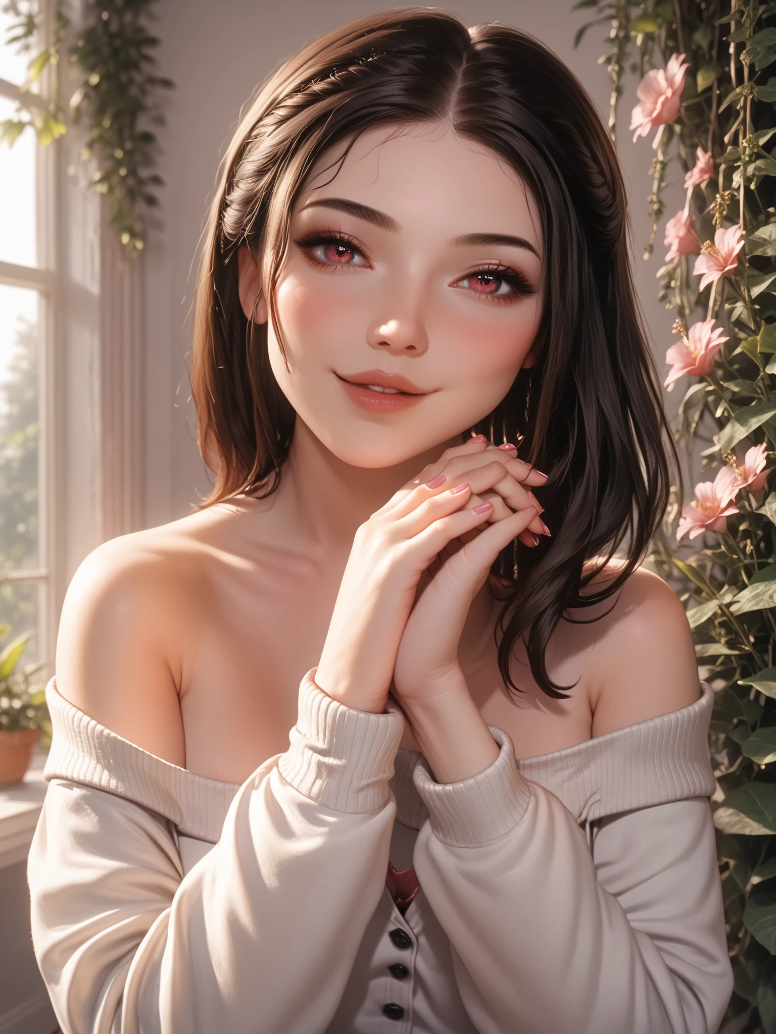 (best quality, 8k,32k,masterpiece, UHD:1.2),extremely detailed CG unity 8k wallpaper,intricate details,Raw photo,(photorealistic:1.4),atmosphere,ultra high res,Realistic,Real,Huge_filesize,incredibly absurdres,(centered:1.3),Ultra illustration,(ultra-detailed),dramatic lighting,various colors,depth of field,art by krenz cushart,golden hour lighting,taken by Canon EOS,SIGMA Art Lens 35mm F1.4,ISO 200 Shutter Speed 2000,blurry background,
BREAK,
1girl,(smile:1.3),slim body,(long straight hair with bangs,:1.4),solo,20-year-old Japanese beautiful woman, (flower garden,pink stripe shirt:1.4),(light brown hair:1.5),((brown eyes)),Large ,, Soft white skin that shines with every detail,pale skin,Very beautiful face,Very well-formed face,Natural and realistic face,Best,beautiful detailed eyes,striking eyes,Eyes drawn in detail, smile with your mouth closed,Detailed mouth,Detailed lips,shiny beautiful lips,Glossy lips,simple earrings,necklace,jewelry, solo focus,low neckline,
BREAK,
Front lighting,kool,Standing,sensual expression, BREAK,
(Dutch angle:1.4),looking at viewer,
BREAK,tzuyu,yui aragaki,
