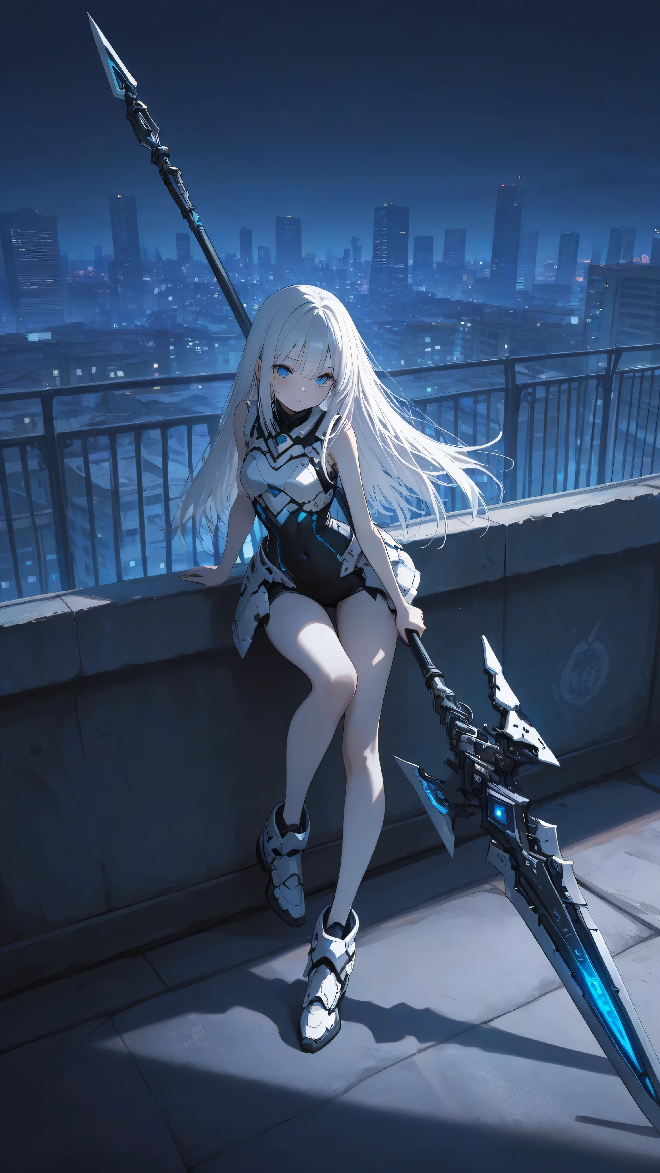 masterpiece, best quality, photography, high contrast, cenematic painting, ultra high resolution, faded color, an anime girl, cute face, armored girl, slender body, clear skin, mechanical spear, spear aimed, targeting using spear, (Hold the spear with one hand), blue eyes, absolutely white hair, long hair, straight hair, battle suit, combat armor, high-leg, sleeveless, bodysuit, bare arms, bare legs, long shoes, rooftop, rooftop fence,  urban, slum, night, night time, shadow, detailed eyes, cute eyes, skyline, skyscraper