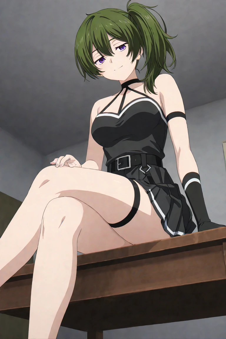 masterpiece, high quality, beautiful detailed, ultra_detailed, 8k, (),(1girl:1.2),best quality,perfect legs,(perfect :1.2),kawaii,beautiful , kokona,dress,(medium :1.2), ubel, medium hair, hair between eyes, green hair, side ponytail, (purple eyes:1.1),skirt, gloves, dress,  shoulders, pleated skirt, sleeveless, black gloves, elbow gloves, belt, miniskirt, black skirt, black footwear, (black dress:1.5), thigh strap, sleeveless dress, halterneck, armband, single glove, black belt, pleated dress, arm strap, smile, , ,  in ,  , excessive 