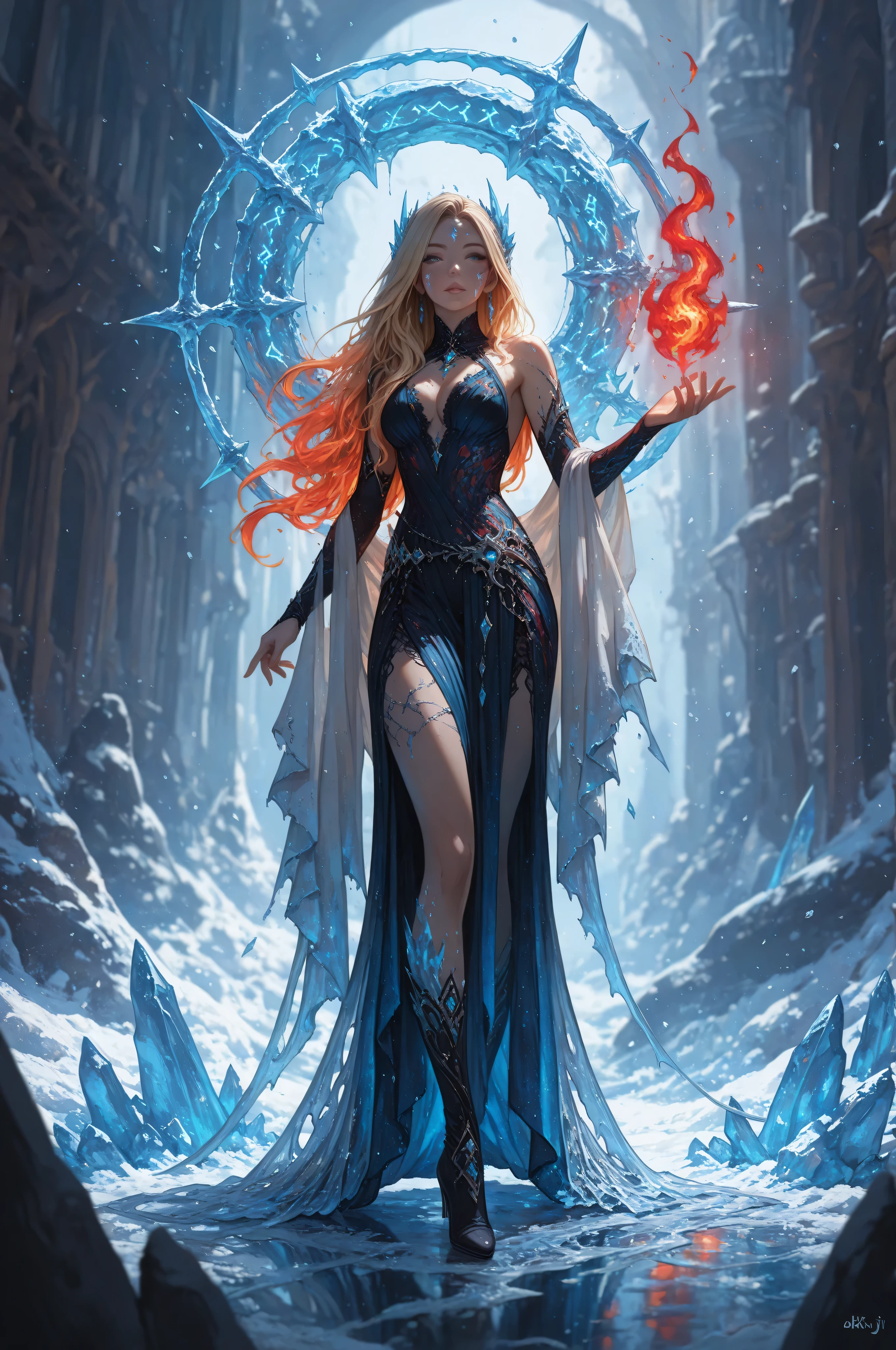 ice,aidmaMJ6.1,a sorceress casting a azure ice spell in magical festival, exquisite beautiful human woman, blond hair, long hair, dark colorful dress, intricate dress, silk dress, small cleavage, white cloak, high heeled boots, and icy magical runes in the air,  she is in a festival of magic, sunny day, high details, best quality, 16k, ultra detailed, masterpiece, best quality, (extremely detailed), full body, (ultra details, Masterpiece, best quality), fantasy art, dnd art,fantasy art, realistic art, red fire perfect face, perfect body, 