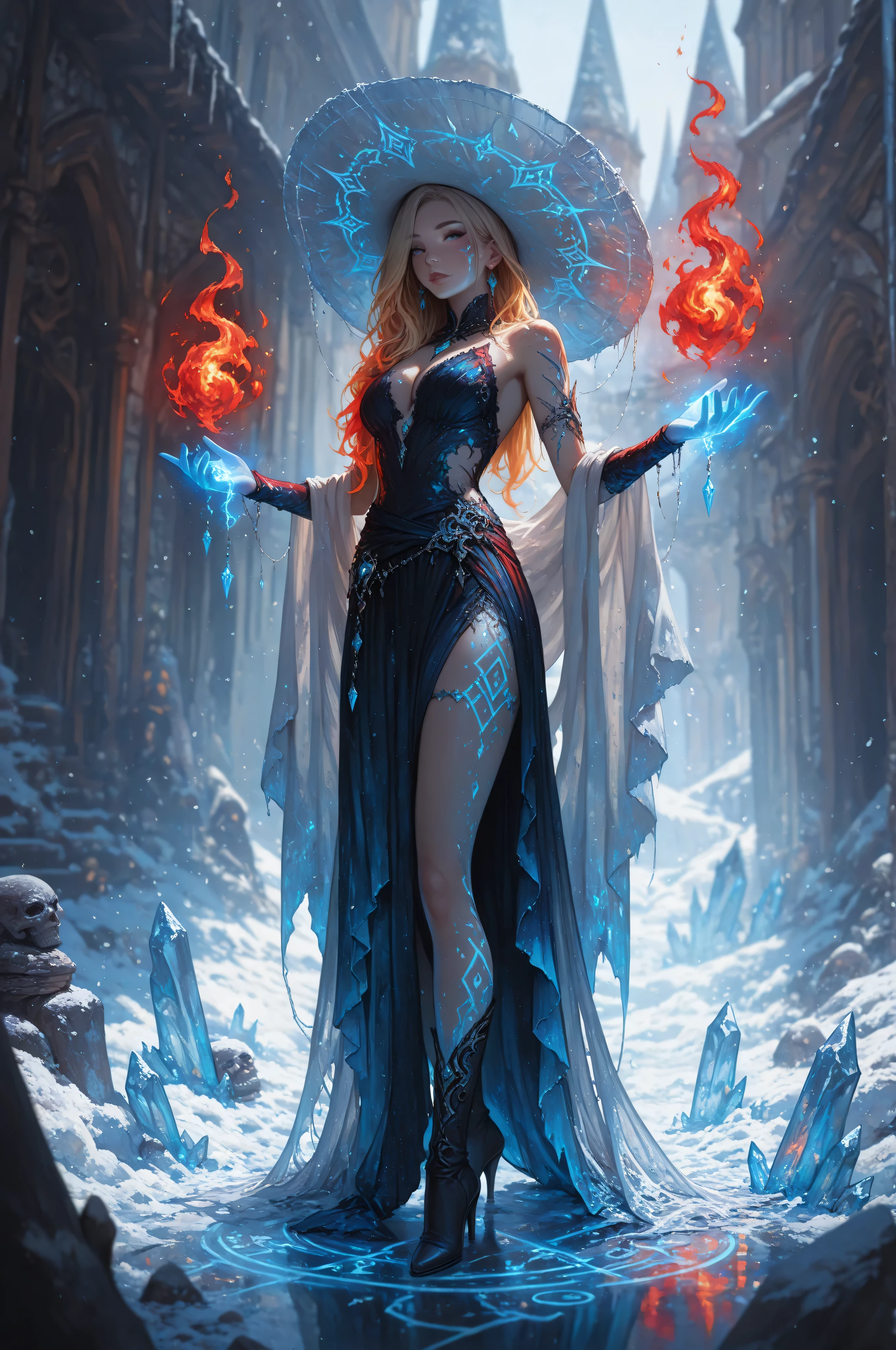 ice,aidmaMJ6.1,a sorceress casting a azure ice spell in magical festival, exquisite beautiful human woman, blond hair, long hair, dark colorful dress, intricate dress, silk dress, small cleavage, white cloak, high heeled boots, and icy magical runes in the air,  she is in a festival of magic, sunny day, high details, best quality, 16k, ultra detailed, masterpiece, best quality, (extremely detailed), full body, (ultra details, Masterpiece, best quality), fantasy art, dnd art,fantasy art, realistic art, red fire perfect face, perfect body, 