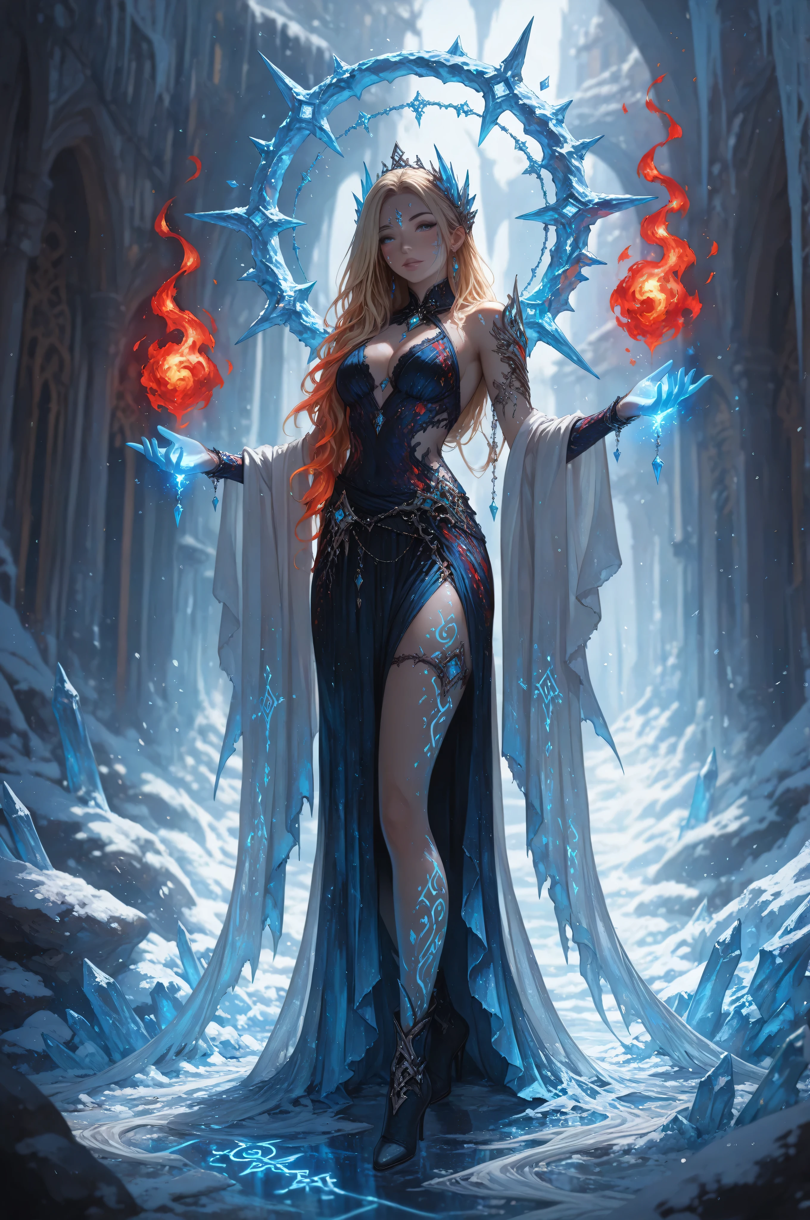 ice,aidmaMJ6.1,a sorceress casting a azure ice spell in magical festival, exquisite beautiful human woman, blond hair, long hair, dark colorful dress, intricate dress, silk dress, small cleavage, white cloak, high heeled boots, and icy magical runes in the air,  she is in a festival of magic, sunny day, high details, best quality, 16k, ultra detailed, masterpiece, best quality, (extremely detailed), full body, (ultra details, Masterpiece, best quality), fantasy art, dnd art,fantasy art, realistic art, red fire perfect face, perfect body, 