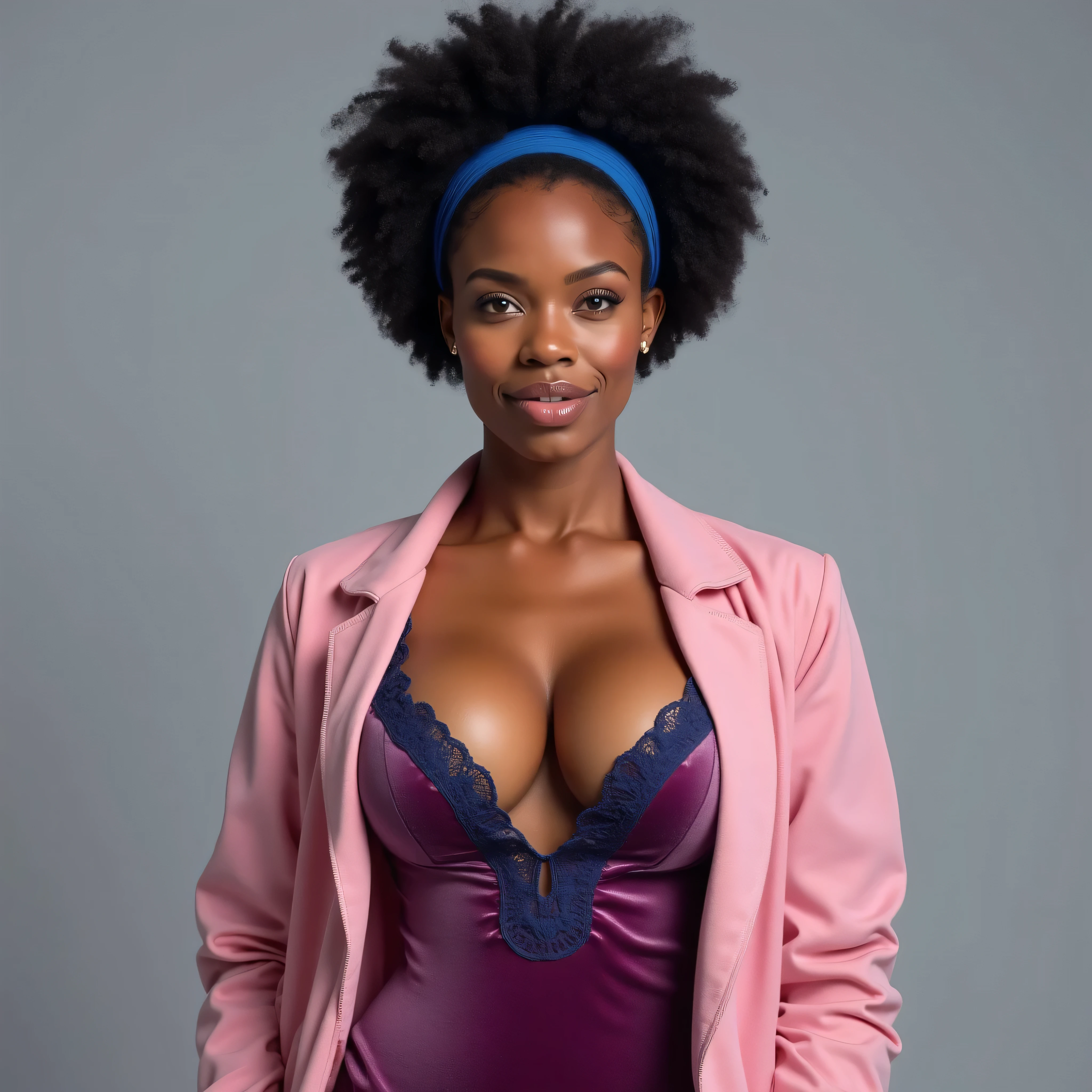 A realistic, high resolution photograph of a beautiful mulatto woman in her 30's; full body frontal view facing the camera with her arms at her side, looking at the camera. There is extra space in the photo between the top of her afro and the frame of the scene. She has a short black afro held in place with a medium blue plastic hairband. She has a lithe, hourglass, fashion model figure featuring medium, rounded pushed up breasts, large hips, and a slim waist. She has a perfect, heart shaped face, thin lips, a small nose, a short, bull neck, and ears that lay close to her skull. She has violet eyes, and a latte complexion. Her lips are closed and she has a mischievous smirk. She is wearing a mauve velvet one piece with indigo lace trim, and an open rose pink doctor's lab jacket. Her breasts are well defined beneath the clothing and you can see some cleavage. There is no one else in the photo. There is extra space above the subject’s head and centered composition — suitable for magazine-style layout or cinematic framing.