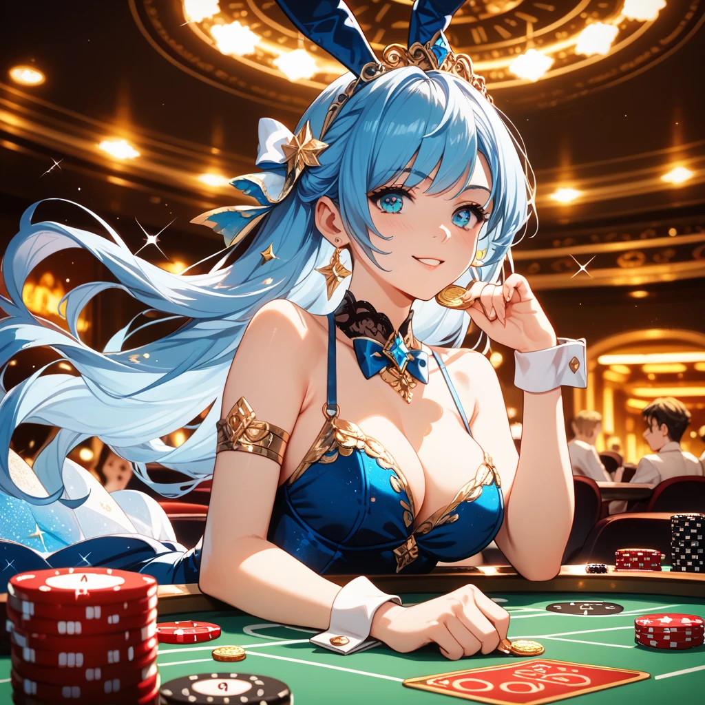 {best quality}, {{masterpiece}}, {highres}, original, extremely_detailed_wallpaper, illustration, ((1girl), , perfect_female_body, beautiful_detailed_eyes, (seductive_smile), ((delicate_face)), collarbone, ((oil_skin:1.2)), on_table, poker_chip, flying_cards, ((casino)), {{detailed background}}, (full_body), (((solo))), (focused),ganyu, twin horn,  shoulder,  <lora:ganyu:0.75>