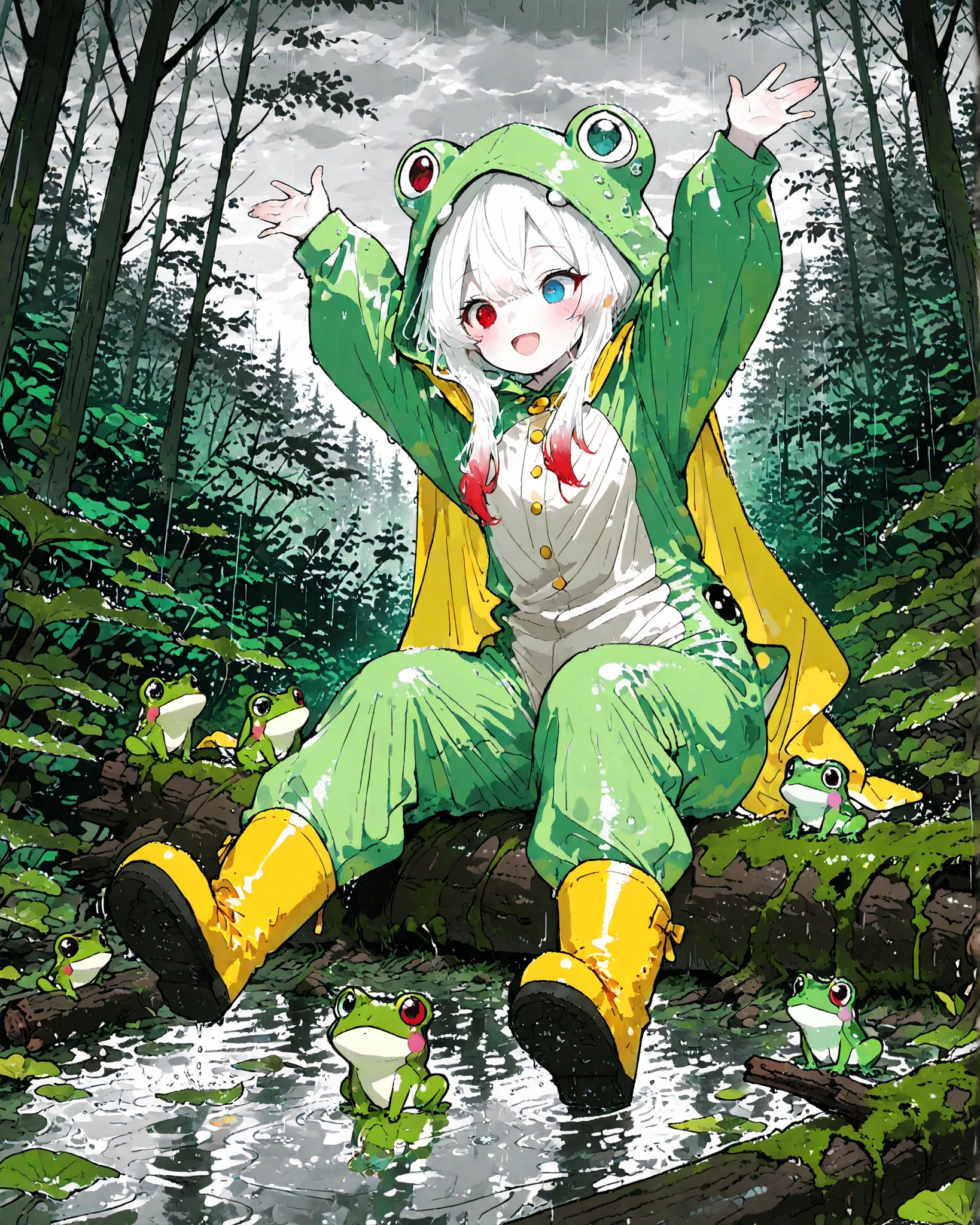masterpiece, best quality, ultra-detailed, perfect anatomy, 
748cmstyle, 
Melys Chibi, pure white hair with soft gradient red tips, heterochromia, crimson-red right eye:1,3 and blue left eye:1,3, fair skin, bright green frog onesie, yellow cape, yellow waterproof boots, 
jungle, deep forest, rainy forest, overcast sky, 
lush greenery, wet leaves, moss-covered fallen tree, 
soft rain falling, misty air, 
sitting on a fallen log, legs stretched forward, 
both arms raised, hands open, 
relaxed pose, natural posture, 
happy, open eyes, open mouth, peaceful expression, 
calm atmosphere, serene mood, 
soft diffused light, cinematic lighting, 