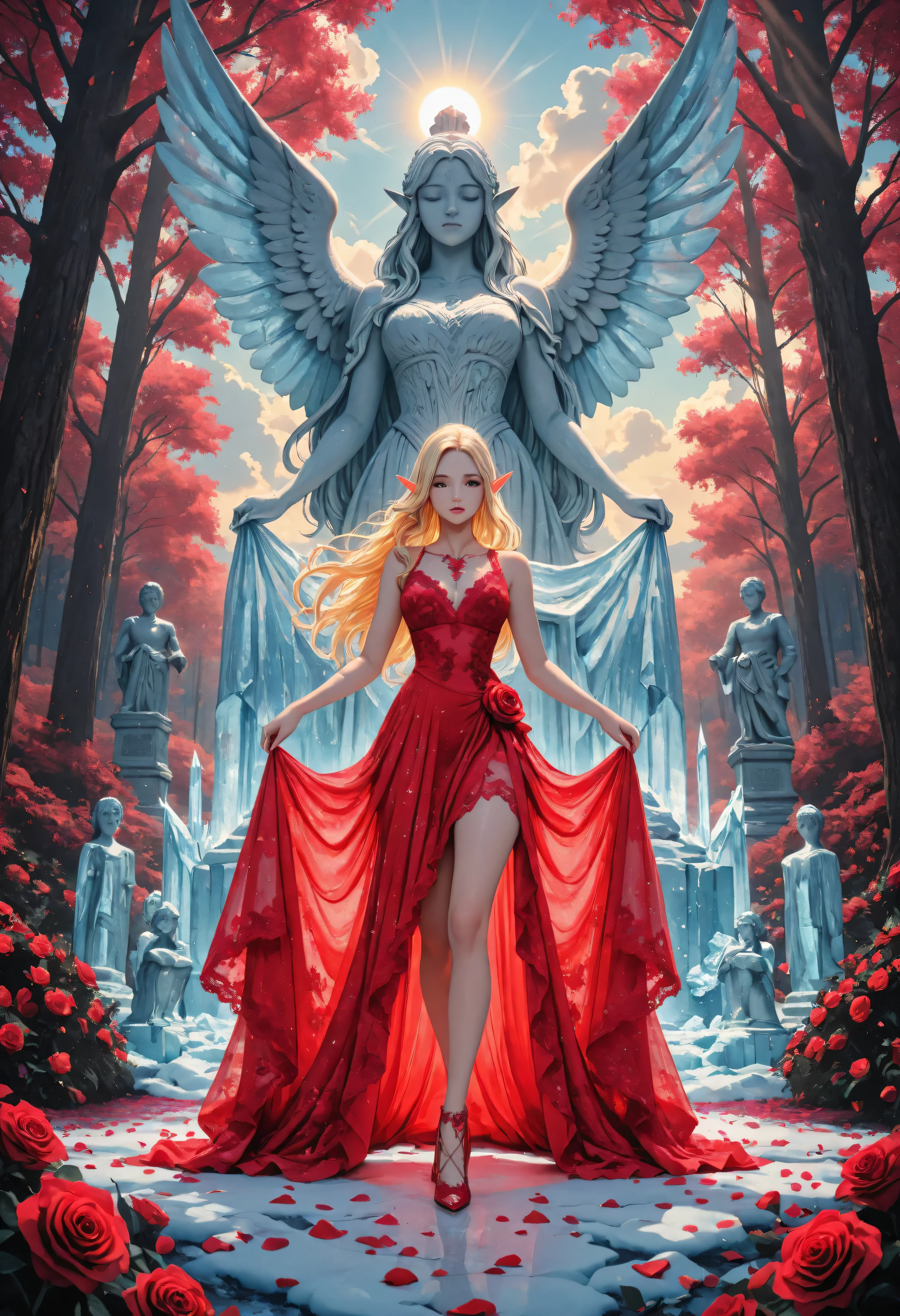 ice_art,ice,Movie Still,Film Still,Cinematic,Cinematic Shot,Cinematic Lighting,Aesthetic_PDXL, red petals falling from the sky on a beautiful a statue made from ice female elf,  full body, long hair strands, wearing lace dress, colorful dress, wearing high heels, standing in forest, cloud of red petals swirling around, epic flowing red petals, swirling rose petals, fantasy forest background, it is dawn the sun rays reflect on the ice statue, sun rays hit the rose petals, ((high contrast: 1.5), [[anatomically correct]], high details, best quality, 8k, [ultra detailed], masterpiece, best quality, (extremely detailed), dynamic angle, intricate details, FAIstyle