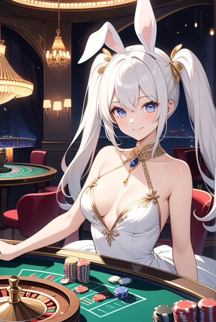 ((worst quality, low quality)), rabbit ears girl, solo, playboy , slender, (()),  ((long silver hair)), hair over one eye, plump glossy lips, beautiful clear eyes, spoken heart, ((playboy )),  fishnet Tights, embarrassed, leaning forward, hold both hands, (light particles, light sparkles, light rays:1.4), ( casino background, small Dice, falling playing cards:1.3), high angle shot, casino, masterpiece