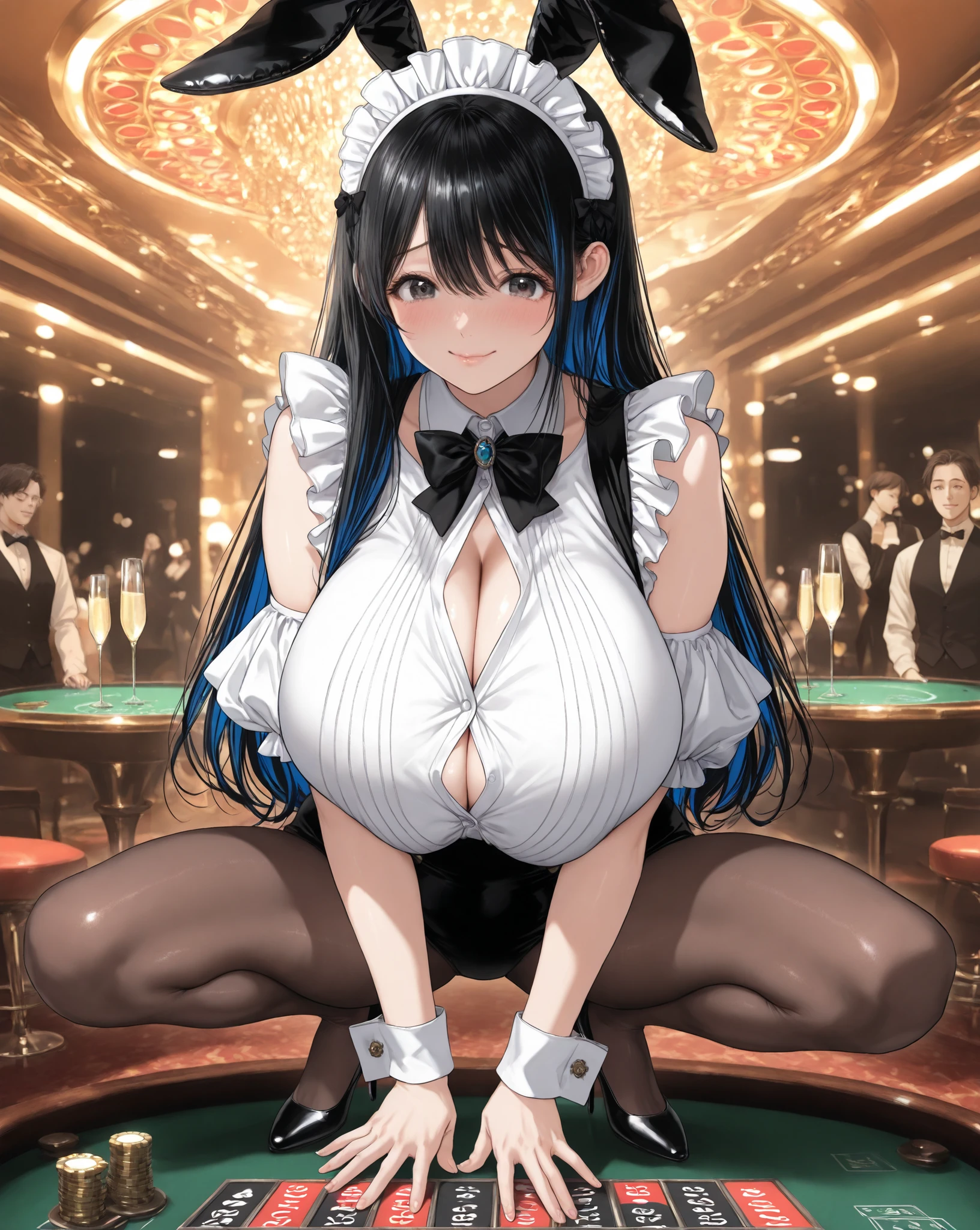 black hair, long hair, black eyes,iroaka,,score_9, score_8_up, score_8,rating_safe,(1girl ), happiness、(ultra huge breasts),

 covered huge breasts 
,ultra detailed illustration of an elegant maid-style bunny girl waitress in an underground casino, cinematic chiaroscuro lighting, neon reflections mixing with deep shadows, she stands beside a glossy blackjack table holding a polished silver tray with champagne cocktails, crystal glasses catching subtle colored highlights, luxurious and mysterious atmosphere, soft haze in the background, selective focus on her face and upper body, gentle depth of field

her outfit is a refined fusion of classic maid uniform and bunny suit aesthetics, fully modest and classy, crisp white dress shirt buttoned neatly up to the collar with no cleavage visible, a perfectly tied black bow tie, fitted black vest with subtle satin sheen, high-waisted bunny-style bottoms with elegant lines, sheer black tights, refined heels, soft bunny ears matching the outfit, delicate cuffs at the wrists, overall design prioritizing elegance and wholesome charm while still emphasizing graceful curves through silhouette and lighting

her skin is depicted as exceptionally beautiful, luminous, smooth, and healthy, soft rim light tracing her cheeks, neck, shoulders, arms, and thighs, ultra sensual and enchanting body lines expressed through contour, shading, and pose rather than exposure, warm natural skin tone with delicate gradients and subtle highlights

her face is overwhelmingly beautiful, symmetrical features, expressive large eyes with a gentle sparkle, long lashes, slightly flushed cheeks, glossy natural lips, expression blending happiness and shyness, faint embarrassed smile, eyes slightly averted as if aware of being admired, modest and reserved body language, knees subtly together, shoulders slightly drawn inward, creating a charming contrast with the glamorous casino environment

the silver tray reflects fragments of neon signs, roulette wheels
