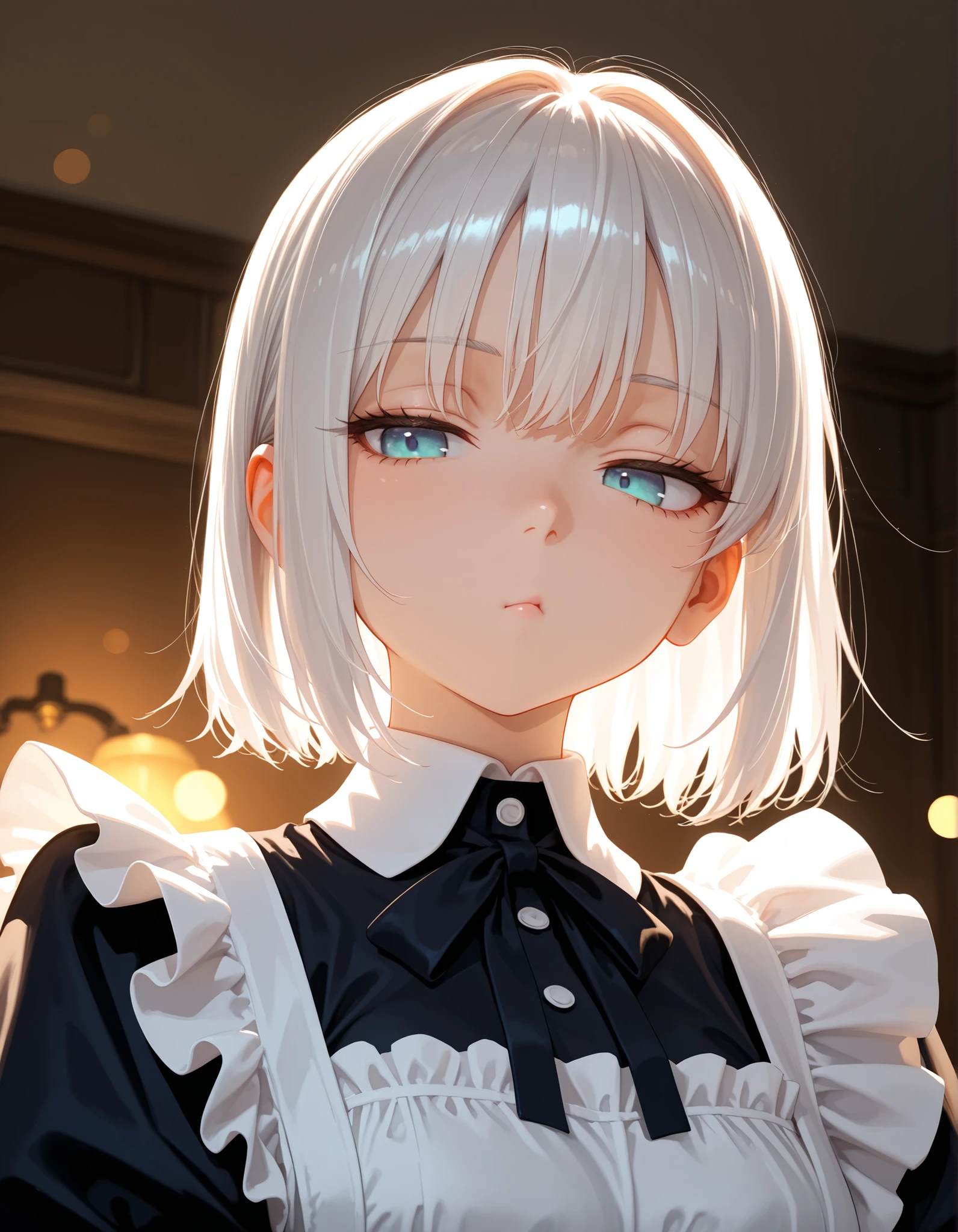 1girl, solo, 
elegant maid, white hair,
expressionless face, half-lidded eyes, uninterested gaze, deadpan expression, cool demeanor, slight pout, jidome eyes,
looking down slightly,
moist, radiant skin, smooth and reflective hair,
looking down slightly,
dramatic lighting, cinematic lighting, rim lighting, dramatic shading,
masterpiece, newest, incredibly absurdres, best quality, amazing quality, very aesthetic, ultra-detailed, highly detailed,
 depth of field,