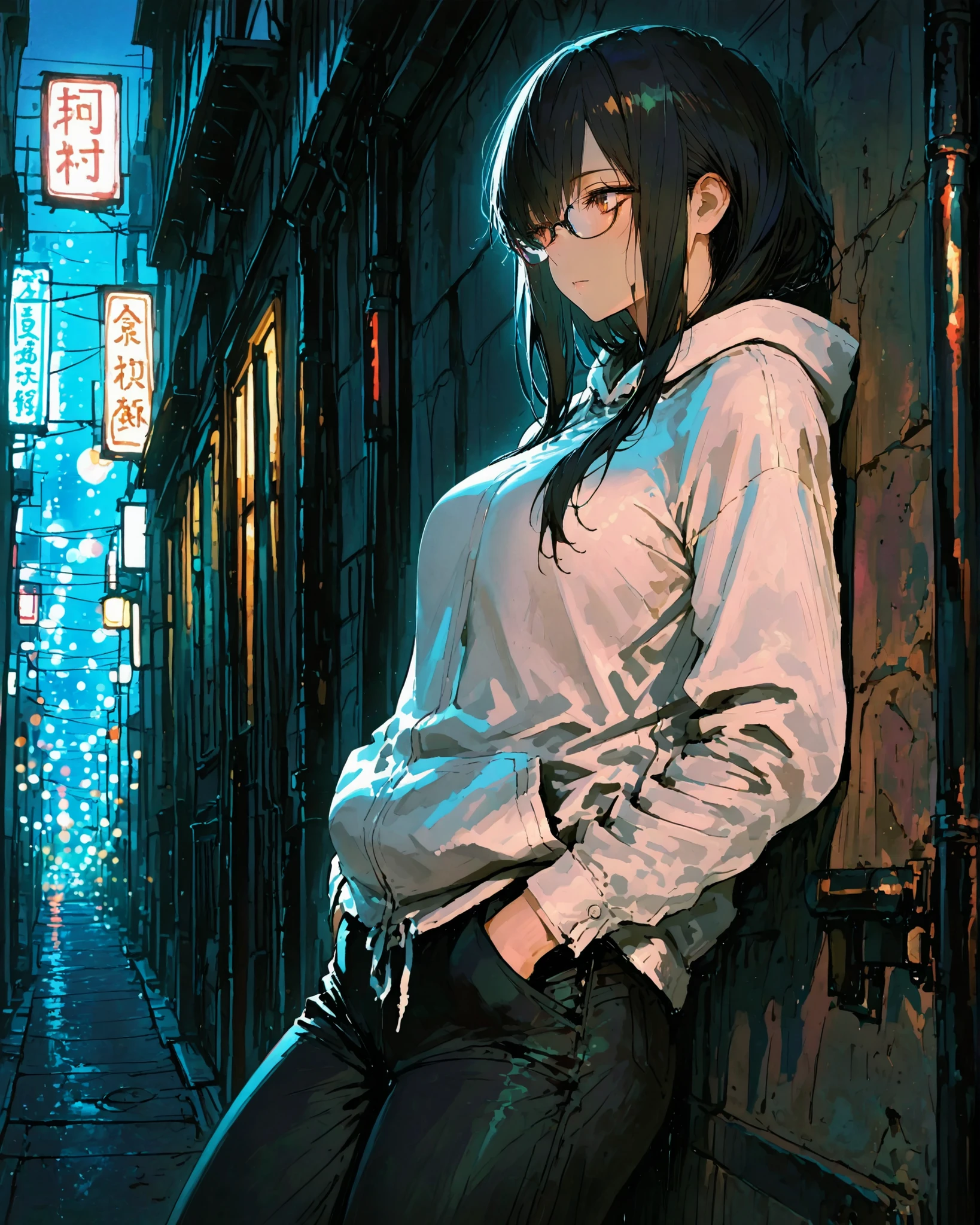 masterpiece, best quality, ultra-detailed, perfect anatomy, 
748cmstyle, K977, 
night city, urban street at night, neon lights, city lights, bokeh, standing, leaning back against a wall, back resting on the wall, glasses, relaxed posture, soft street light, cinematic lighting, calm atmosphere, quiet night mood, detailed background, depth of field, anime style, 