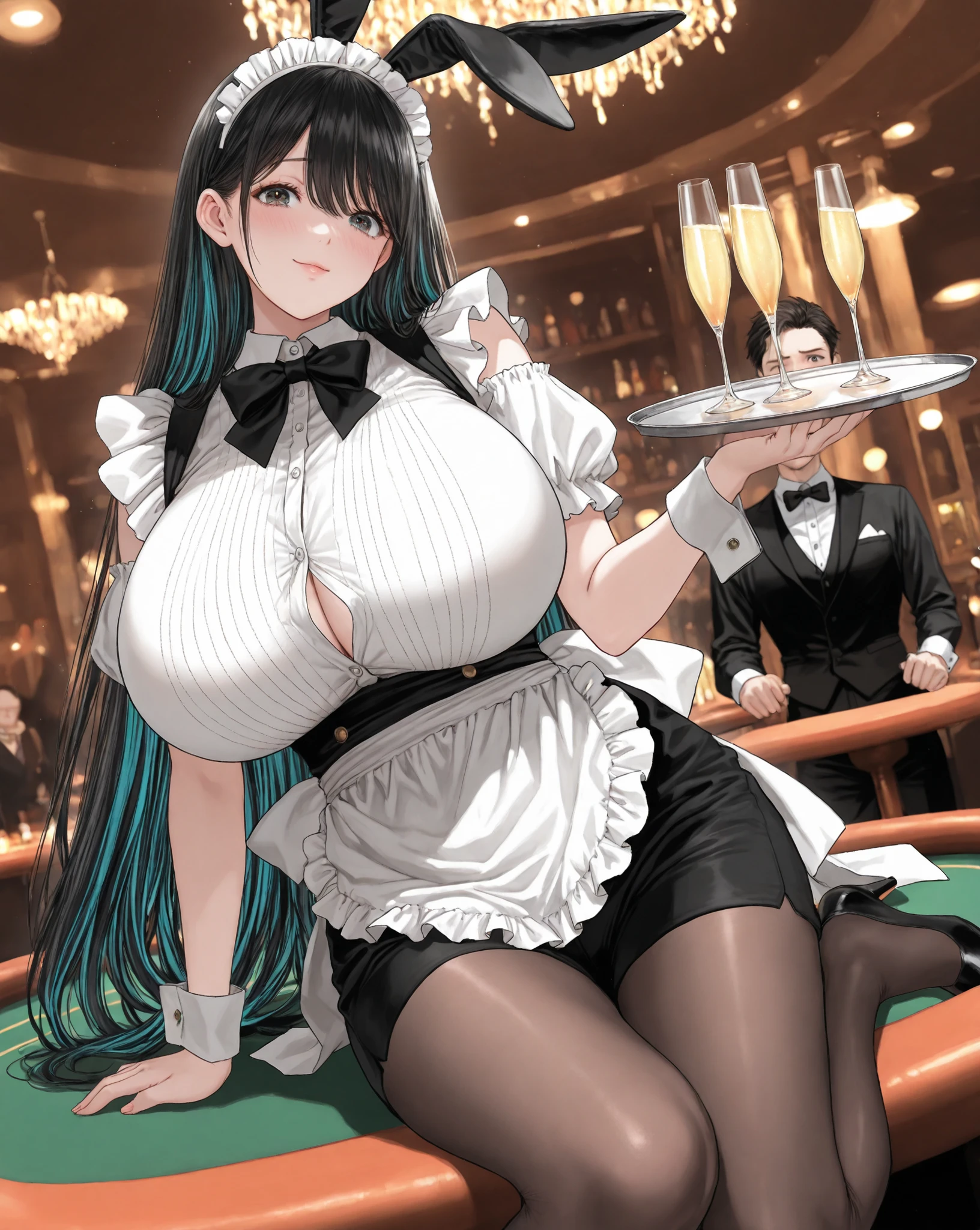 black hair, long hair, black eyes,iroaka,,score_9, score_8_up, score_8,rating_safe,(1girl ), happiness、(ultra enormous gigantic breasts),

 covered ultra enormous huge breasts 
,ultra detailed illustration of an elegant maid-style bunny girl waitress in an underground casino, cinematic chiaroscuro lighting, neon reflections mixing with deep shadows, she stands in a graceful and dignified pose beside a glossy blackjack table, holding a polished silver tray with champagne cocktails, crystal glasses catching subtle colored highlights, luxurious and mysterious atmosphere, soft haze in the background, selective focus on her face and upper body, gentle depth of field

her hair is pure black, deep black, jet-black, uniformly black from roots to tips, silky, smooth, and lustrous, a single uninterrupted black tone with a natural glossy shine, flowing with refined volume and framing her overwhelmingly beautiful face, large expressive eyes, long lashes, slightly flushed cheeks, glossy natural lips, expression blending happiness and shyness, faint embarrassed smile, eyes slightly averted as if aware of being admired

her outfit is a refined fusion of classic maid uniform and bunny suit aesthetics, crisp white dress shirt buttoned neatly up to the collar, a perfectly tied black bow tie, fitted black vest with subtle satin sheen, high-waisted bunny-style bottoms concealed at the front by a modest maid apron, the apron creating a clean and elegant silhouette, sheer black tights, refined heels, soft bunny ears matching the outfit, delicate cuffs at the wrists, overall design emphasizing elegance, purity, and wholesome charm while highlighting graceful curves through silhouette and lighting

her skin is exquisitely beautiful, luminous, smooth, and healthy, soft rim light tracing her cheeks, neck, shoulders, arms, and thighs, ultra sensual and enchanting body lines expressed through contour, shading, and posture, warm natural skin tone with delicate gradients 
