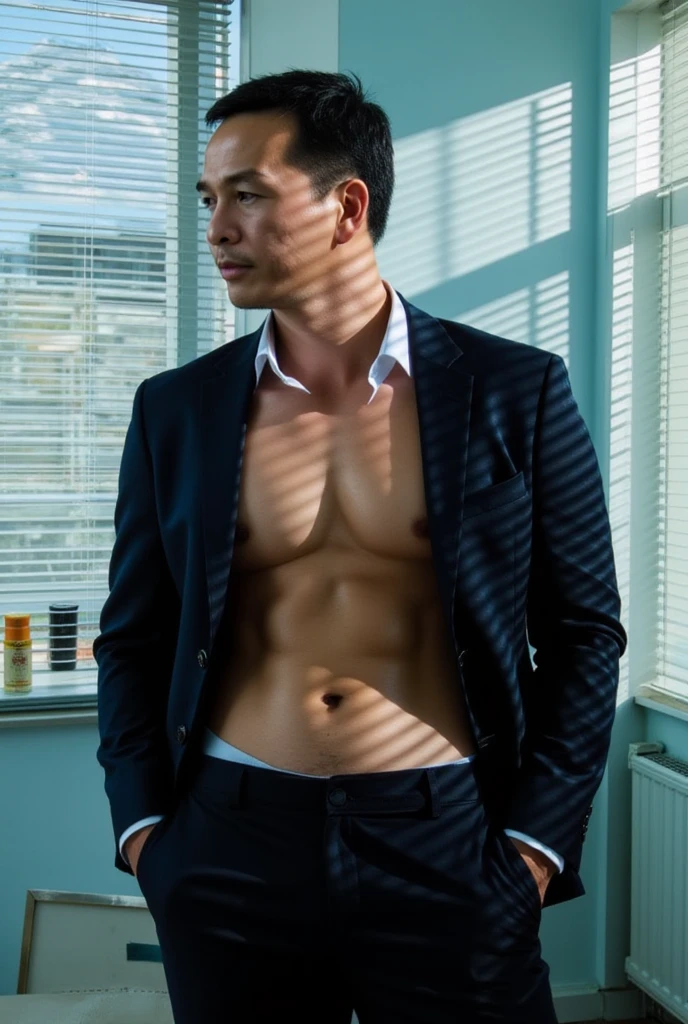 man, tall and fit, as mafia boss, in completely black suit, , with short black hair, while sexy modeling, in different positions.