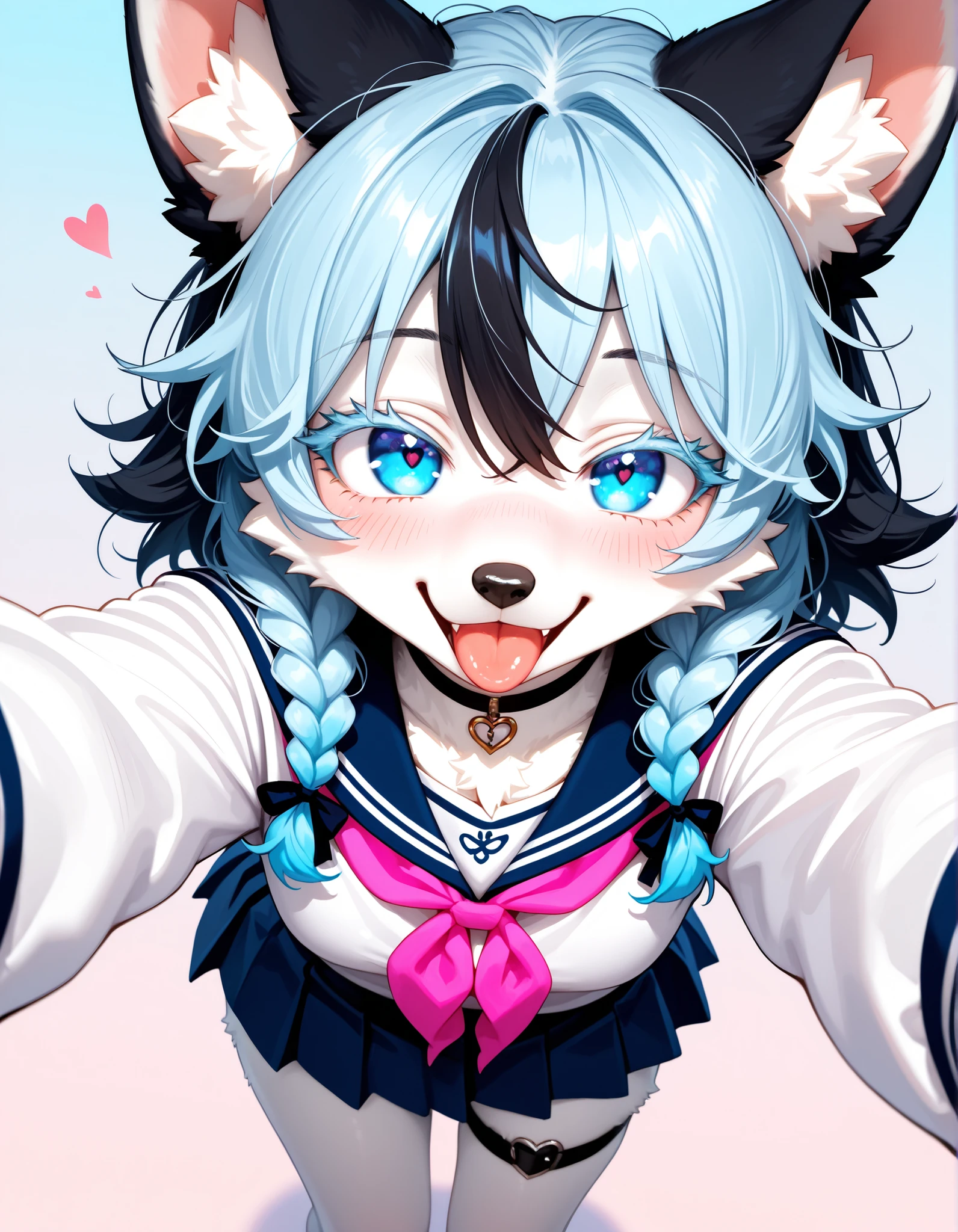 masterpiece, best quality, highres, 1girl, solo, furry, anthro, female, wolf girl, white fur, snout, light blue hair, messy hair, twin braids, black hair ribbon, animal ears, big ears, fluffy, blue eyes, colored eyelashes, blush, happy, smile, open mouth, tongue, tongue out, school uniform, sailor suit, serafuku, white shirt, blue pleated skirt, neckerchief, choker, thigh strap, heart charm, selfie, outstretched arms, POV, looking at viewer, from above, gradient background, pink and blue background