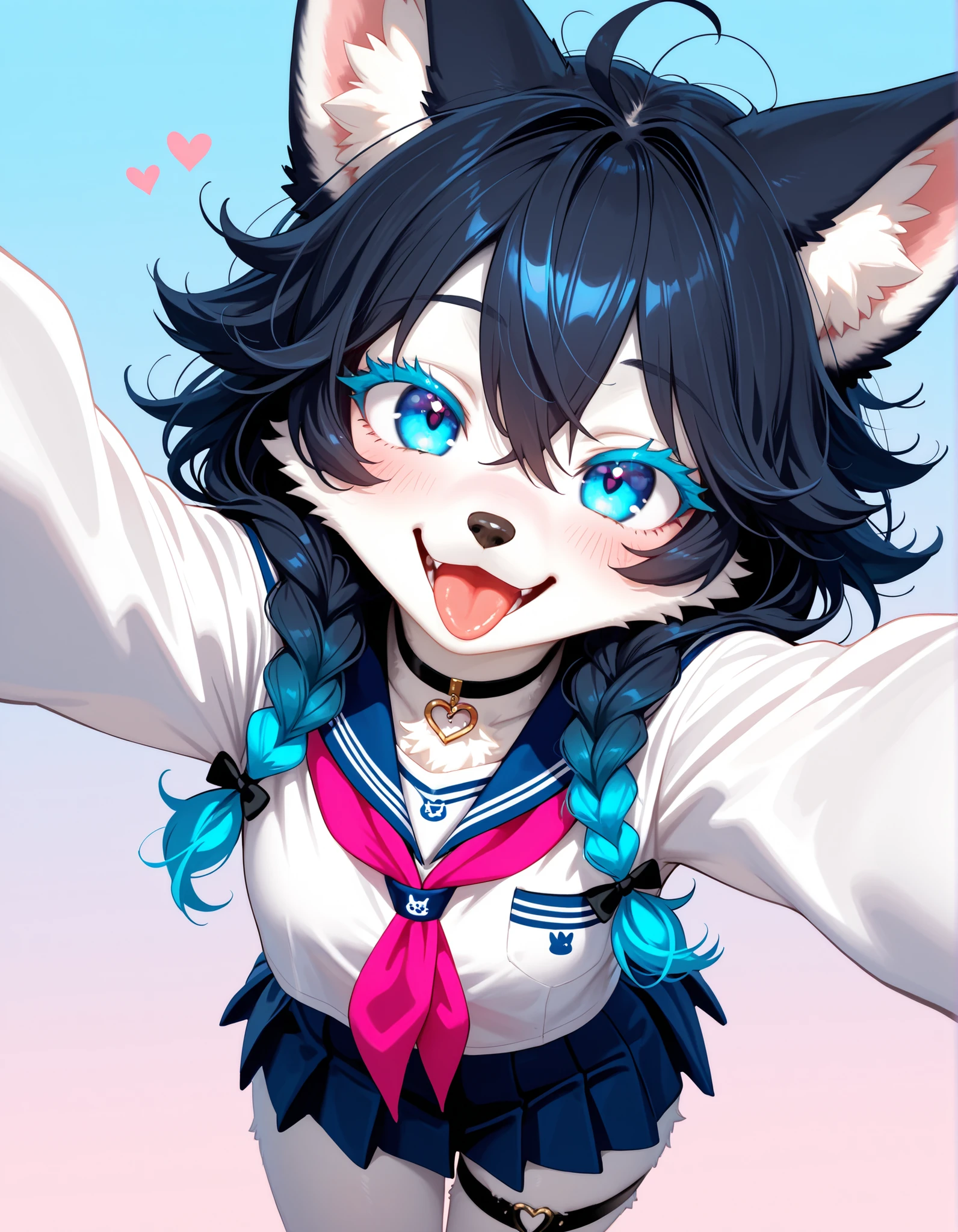 masterpiece, best quality, highres, 1girl, solo, furry, anthro, female, wolf girl, white fur, snout, light blue hair, messy hair, twin braids, black hair ribbon, animal ears, big ears, fluffy, blue eyes, colored eyelashes, blush, happy, smile, open mouth, tongue, tongue out, school uniform, sailor suit, serafuku, white shirt, blue pleated skirt, neckerchief, choker, thigh strap, heart charm, selfie, outstretched arms, POV, looking at viewer, from above, gradient background, pink and blue background