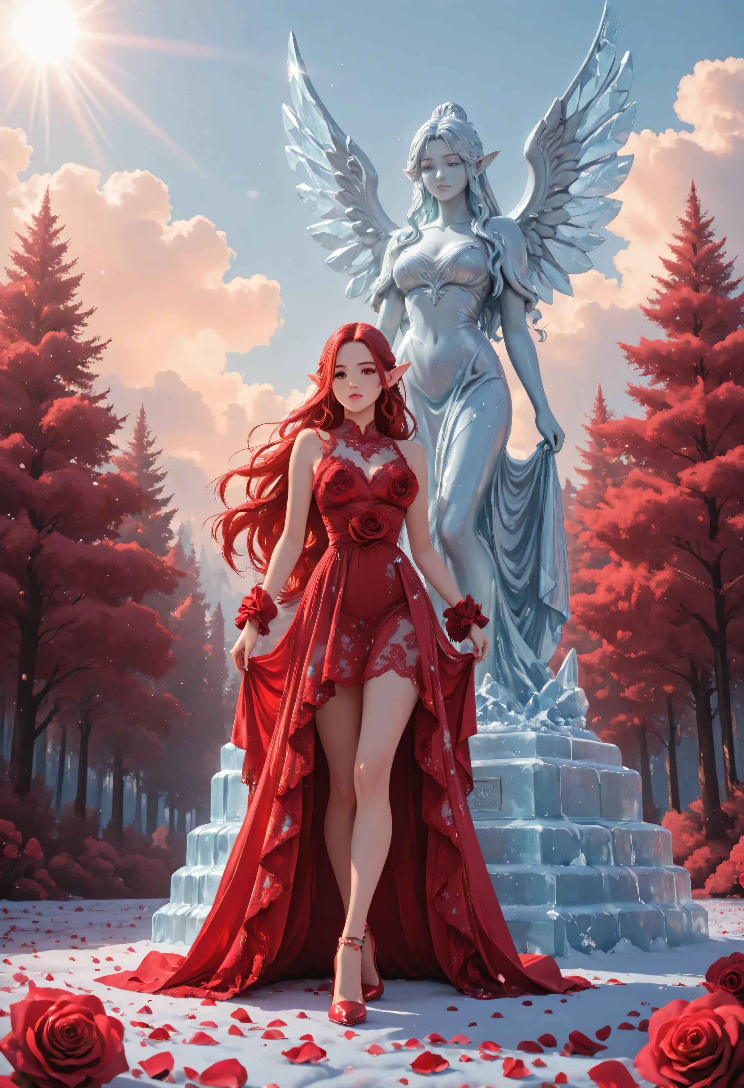  soft luminous hues,celestial radiance,ice_art,ice,Movie Still,Film Still,Cinematic,Cinematic Shot,Cinematic Lighting,Aesthetic_PDXL, red petals falling from the sky on a beautiful a statue made from ice female elf,  full body, long hair strands, wearing lace dress, colorful dress, wearing high heels, standing in forest, cloud of red petals swirling around, epic flowing red petals, swirling rose petals, fantasy forest background, it is dawn the sun rays reflect on the ice statue, sun rays hit the rose petals, ((high contrast: 1.5), [[anatomically correct]], high details, best quality, 8k, [ultra detailed], masterpiece, best quality, (extremely detailed), dynamic angle, intricate details, FAIstyle