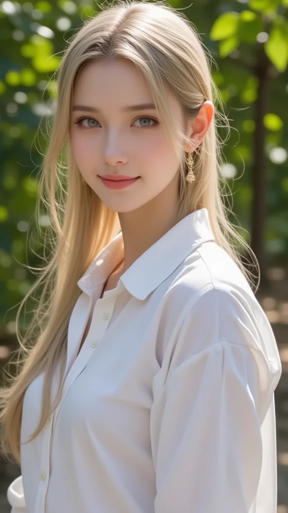 Masterpiece, Best quality, 8k, 18 years old, Raw photo, absurd, Award-winning portrait, smile, smile, pure, German, golden ((ombre)) dress, huge breast, white hair, blue eyes, offshoulder