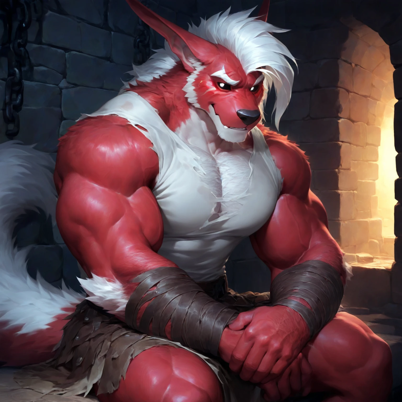 One portrait of a werewolf with lustfull face looking pleasured, the werewolf have nice yellows eyes, wide shoulders, nice pecs, gloomy fire Illumination from medieval times.