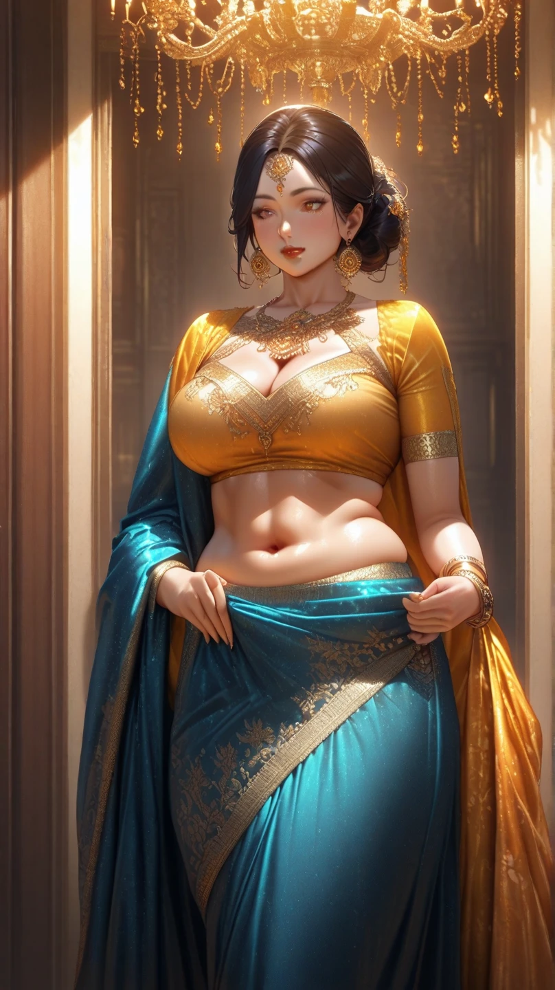  girl in saree,  open, boob showing in saree,  in saree, (long slim figure), extreamly cute, saree, see throug cloathing. ((extremely detailed beautiful hot ),  showing, ((extremely detailed beautiful face)), ( brests in sraee  clothing:1.1), (Beautiful breasts and delicate unified 8k wallpaper, The very detailed, High-definition RAW color photo, professional photoshooting, Realistic portraits, celebrity, cosmetics, sitted, Will double, (Cap cap:1.5), indoor, ((Golden Noble Room, Shine brightly, Gold interior,, (Dazzling light), the strange, nonrealistic, depth of field