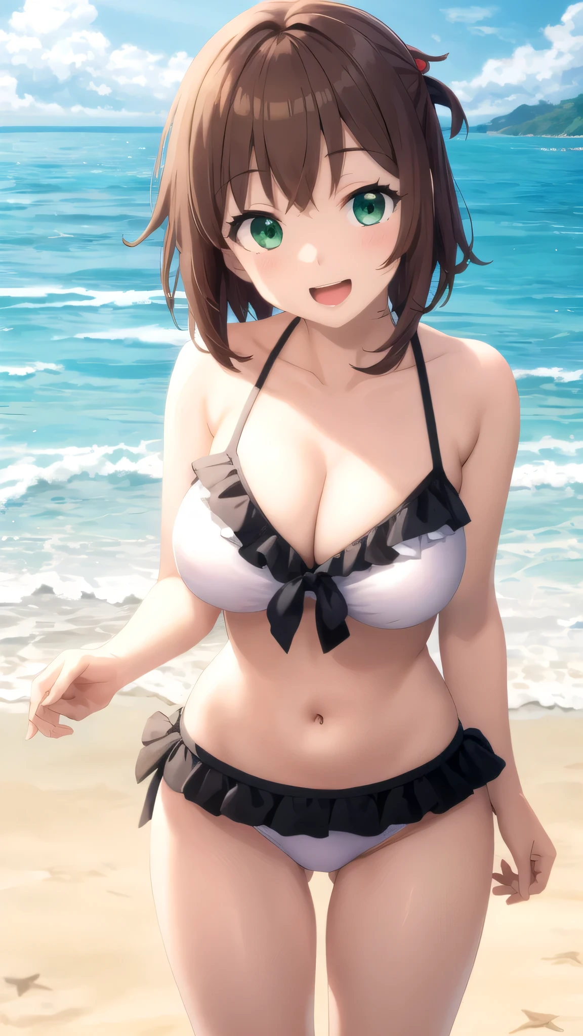 masterpiece, best quality, highres, Kazuma Satou, girl, Brown hair, Green Eyes, large breasts, frilled bikini, beach, standing, smile, Open mouth