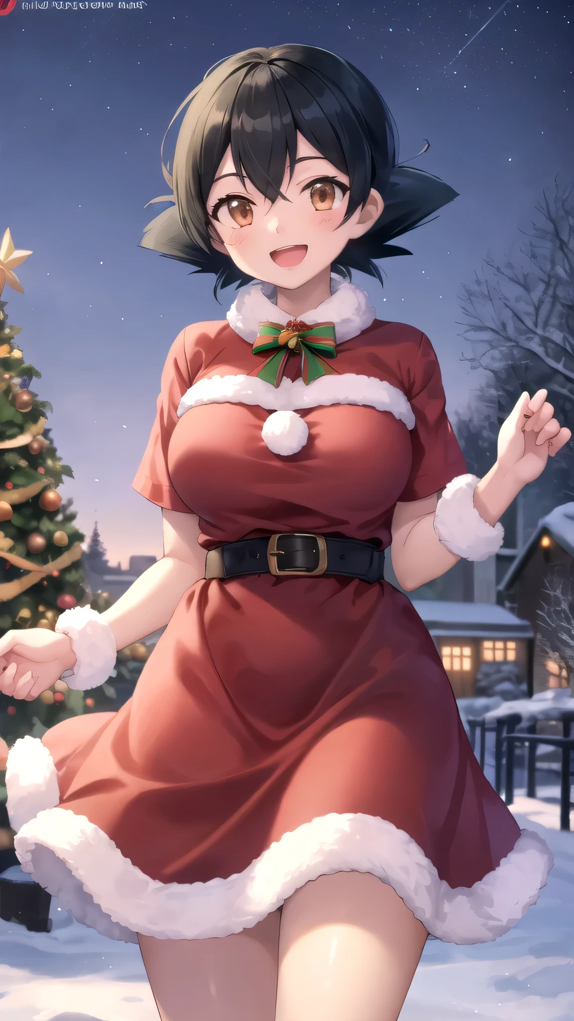 masterpiece, best quality, high quality, girl, solo, looking at viewer, Ash Ketchum, Black hair, Brown eyes, large breasts, christmas Dress, standing, smile, open mouth, outdoors 