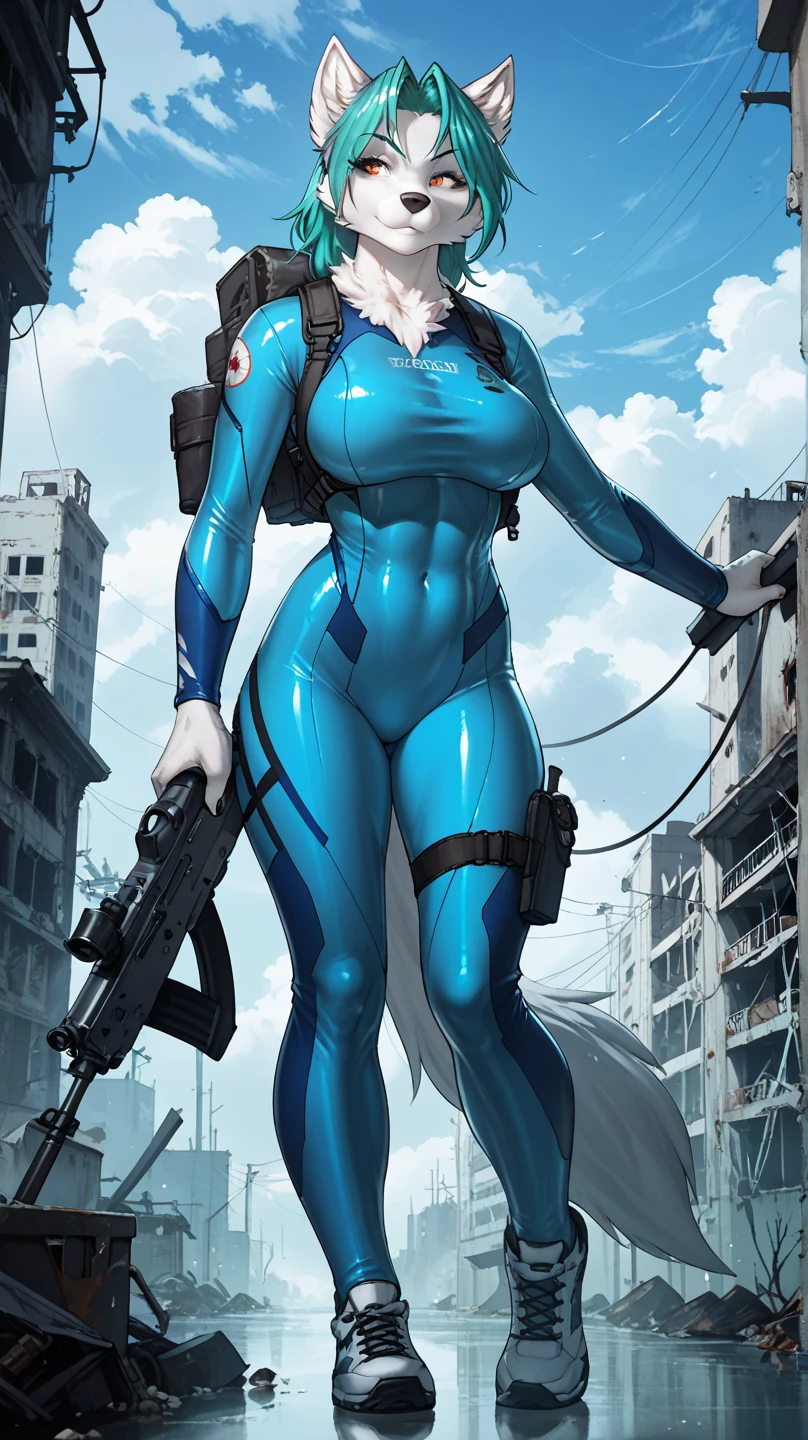 1girl, wide hips, standing, bulletproof vest, cyberpunk, dystopia, ghost in the shell, blue camo, blue body armor, full body shot, whole body, solo, cleavage, cleavage cutout, bike shorts,  legs,  legs,  thighs,  thighs,  knees,  calves, , , , sexy, tight clothes, ,  shoulders,  stomach,  hips, city skyscraper, street, tower, apartment, glowing eyes