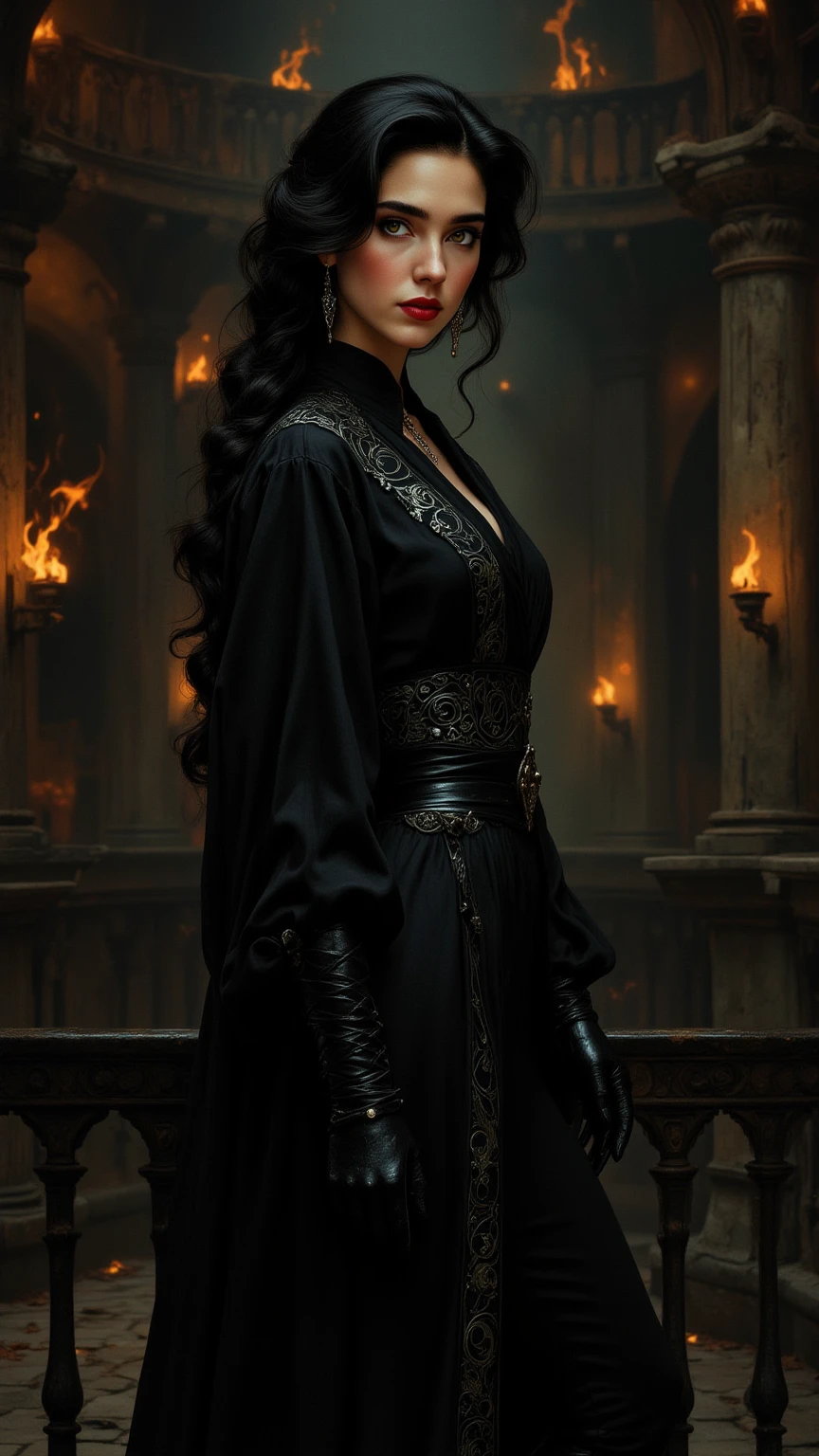 1 Mulher, adulto, Mulher, cabelos pretos, Mulher, olhos finamente detalhados, retrato, olhando para o espectador, sozinho, rosto detalhado, (Horror Sangrento), pale, dark and rough black leather clothing, gothic scenario, discretion, disguised, noite, Sombras, mistborn, (Dutch angle), boca fechada, pele branca palida, morto-vivo, renascido, fantasma, Olhos azuis Brilhantes, olhos brilhantes, OLHOS BRILHANTES LUMINOSOS, homem de cabelo longo preto, cabelo preto, Cabelos longos amarrados, com um olho azul brilhante com veias negras, Use uma jaqueta preta longa, Like a blood hunter, Nas costas, ele carrega uma espada, He is engulfed in flames and is fighting various monsters of the night., encarnando uma dura batalha para proteger Barovia e seus habitantes. Anime dos anos 80 ainda, retro fashion, Dungeon and Dragons Personagem Dark Fantasy Arte Digital Muted Pastel Colors, muted retro colors, CRT TV Screen por Tsukasa Hojo e Toshihiro Kawamoto -