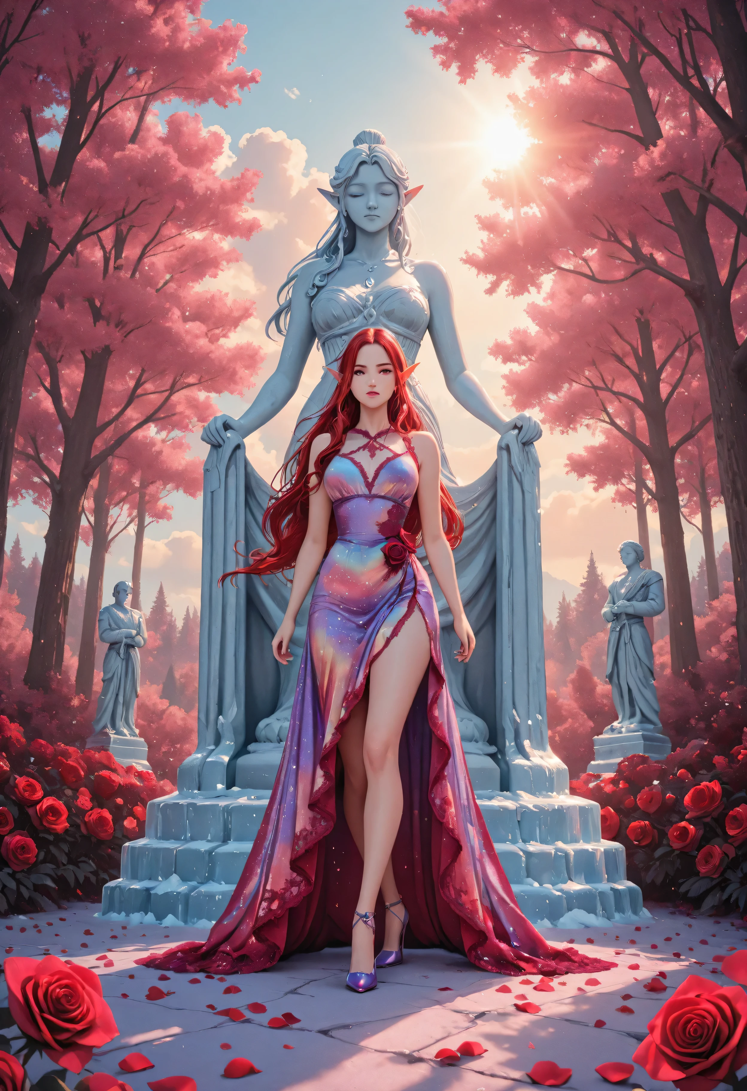  soft luminous hues,celestial radiance,ice_art,ice,Movie Still,Film Still,Cinematic,Cinematic Shot,Cinematic Lighting,Aesthetic_PDXL, red petals falling from the sky on a beautiful a statue made from ice female elf,  full body, long hair strands, wearing purple lace dress, colorful dress, wearing high heels, standing in forest, cloud of red petals swirling around, epic flowing red petals, swirling rose petals, fantasy forest background, it is dawn the sun rays reflect on the ice statue, sun rays hit the rose petals, ((high contrast: 1.5), [[anatomically correct]], high details, best quality, 8k, [ultra detailed], masterpiece, best quality, (extremely detailed), dynamic angle, intricate details, FAIstyle