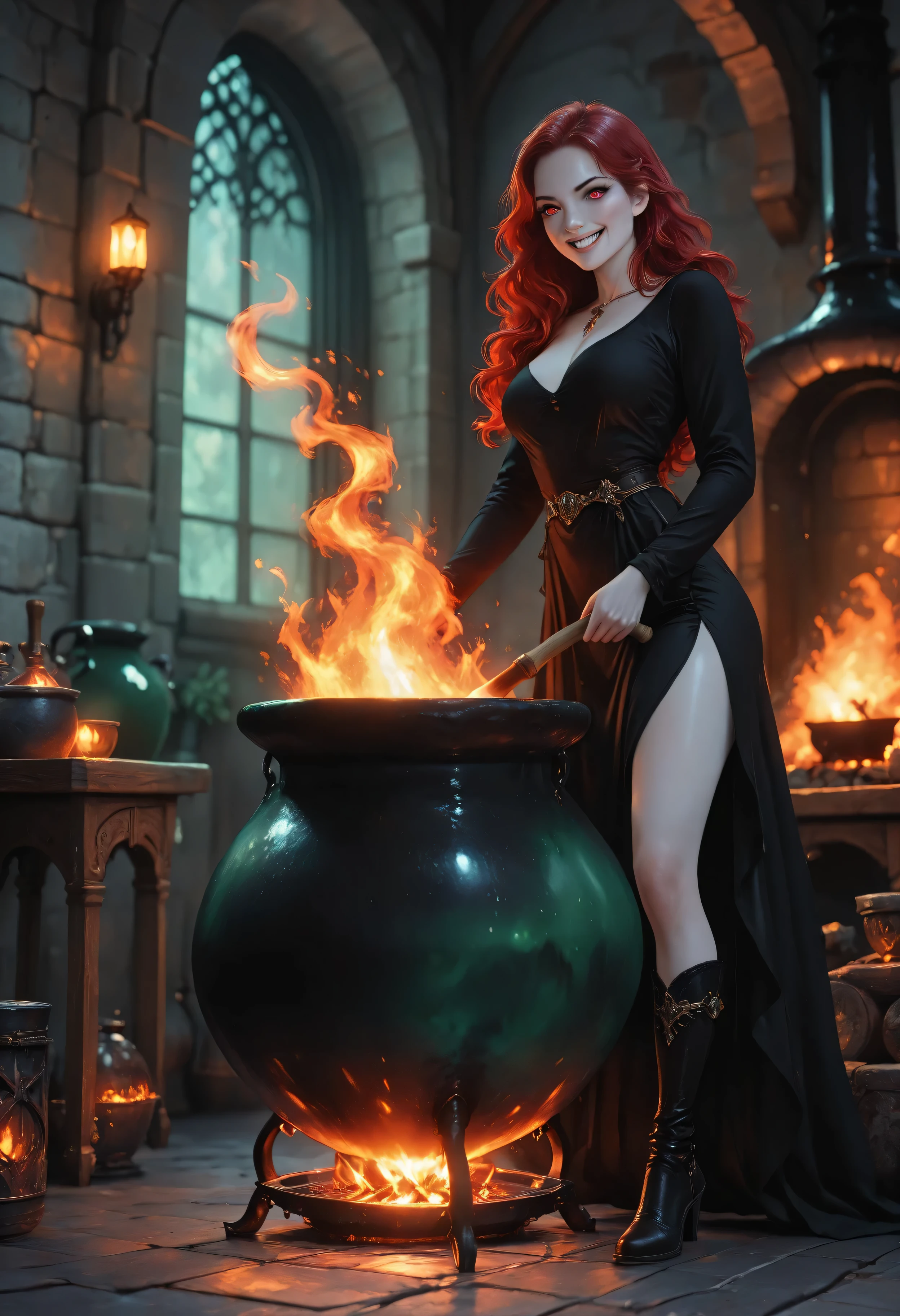  soft luminous hues,dreamy fantasy,ethereal glow,high details, best quality, 16k, RAW, [best detailed], masterpiece, best quality, (extremely detailed), full body (best details, Masterpiece, best quality), , ultra wide shot, photorealistic, fantasy art, RPG art, D&D art, a picture of a woman, witch brweing dark matter over big cauldron in the fire place, middle aged woman  (best details, Masterpiece, best quality), exquisite beautiful woman (best details, Masterpiece, best quality), ultra detailed face (best details, Masterpiece, best quality), evil grin, red hair, long hair, wavy hair, dynamic eye color, pale skin, black dress (best details, Masterpiece, best quality) NeroV2, wearing black boots, large boilng cauldron, NeroV2 black cauldron, green mists, coming from cauldron, a stove, middles ages house background, dim fire light, High Detail, Ultra High Quality, High Resolution, 16K Resolution, Ultra HD Pictures, 3D rendering Ultra Realistic, Clear Details, Realistic Detail, Ultra High Definition Waiting to start