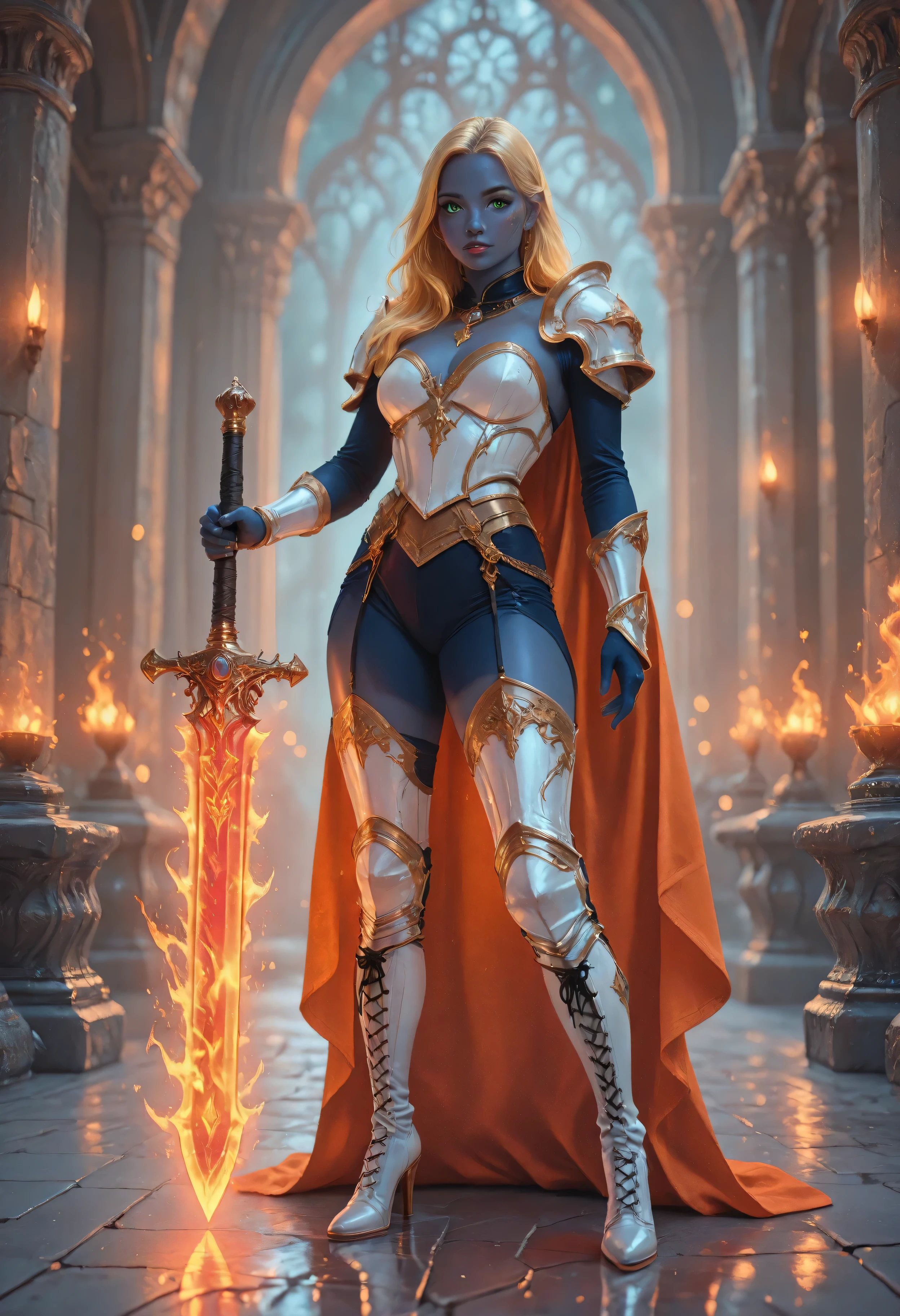 portrait of a female cleric ((dark blue skin)), intense details facial details, exquisite beauty, cleric, (dark blue skin)) female, ((yellow hair)), long hair, (((no ears))), (green eyes), armed with a fiery sword red fire, wearing (twilight priestly combat vestments:), wearing white armor, wearing high heeled laced boots, wearing white armor, wearing an (orange cloak), wearing glowing holy symbol, fantasy art, dnd art, RPG art, wide shot, (masterpiece) intense details, highly detailed, photorealistic, best quality, highres, within fantasy temple background, reflection light, high details, best quality, 16k, [ultra detailed], masterpiece, best quality, (extremely detailed), close up, ultra wide shot, photorealistic, RAW, fantasy art, dnd art, fantasy art, realistic art,((best quality)), ((masterpiece)), (detailed), perfect face, strapless, lace up stilettos, fantasy, Cinematic Shot, dvr-hgh-fnt, d4f4b