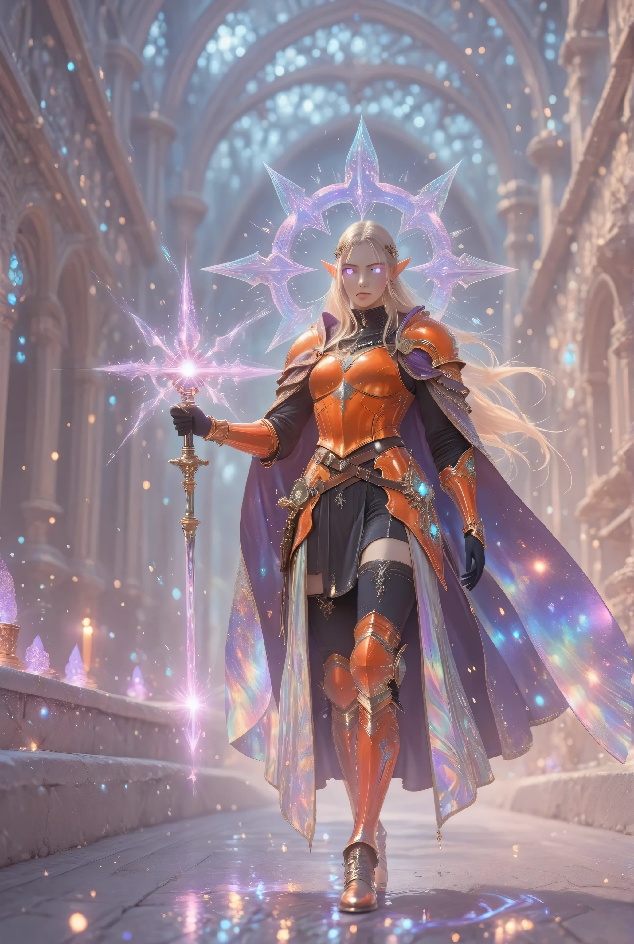 Fantasy Elements, soft luminous hues,celestial radiance,,ethereal glow,iridescent aesthetic,masterpiece, best quality, very aesthetic, absurdres,, full body shot of a female elf (intense details, Masterpiece, best quality) fantasy cleric, fantasy celestial guardian, armed with a holy symbol, shinning holy symbol, metallic shine, epic beautiful female elf, blond hair with red highlights , rich hair, purple glowing eyes, action shot, colorful magical sigils in the air, colorful divine markings floating, holding a holy symbol (intricate details, Masterpiece, best quality), fantasy magical urban street in elven city (intense details, Masterpiece, best quality), multi colored cloak cloak, long cloak, orange armor, armored dress,sense of daring, sense of adventure, high details, best quality, 16k, [ultra detailed], masterpiece, best quality, (extremely detailed), dynamic angle, ultra wide shot, photorealistic, RAW, fantasy art, dnd art,fantasy art, realistic art