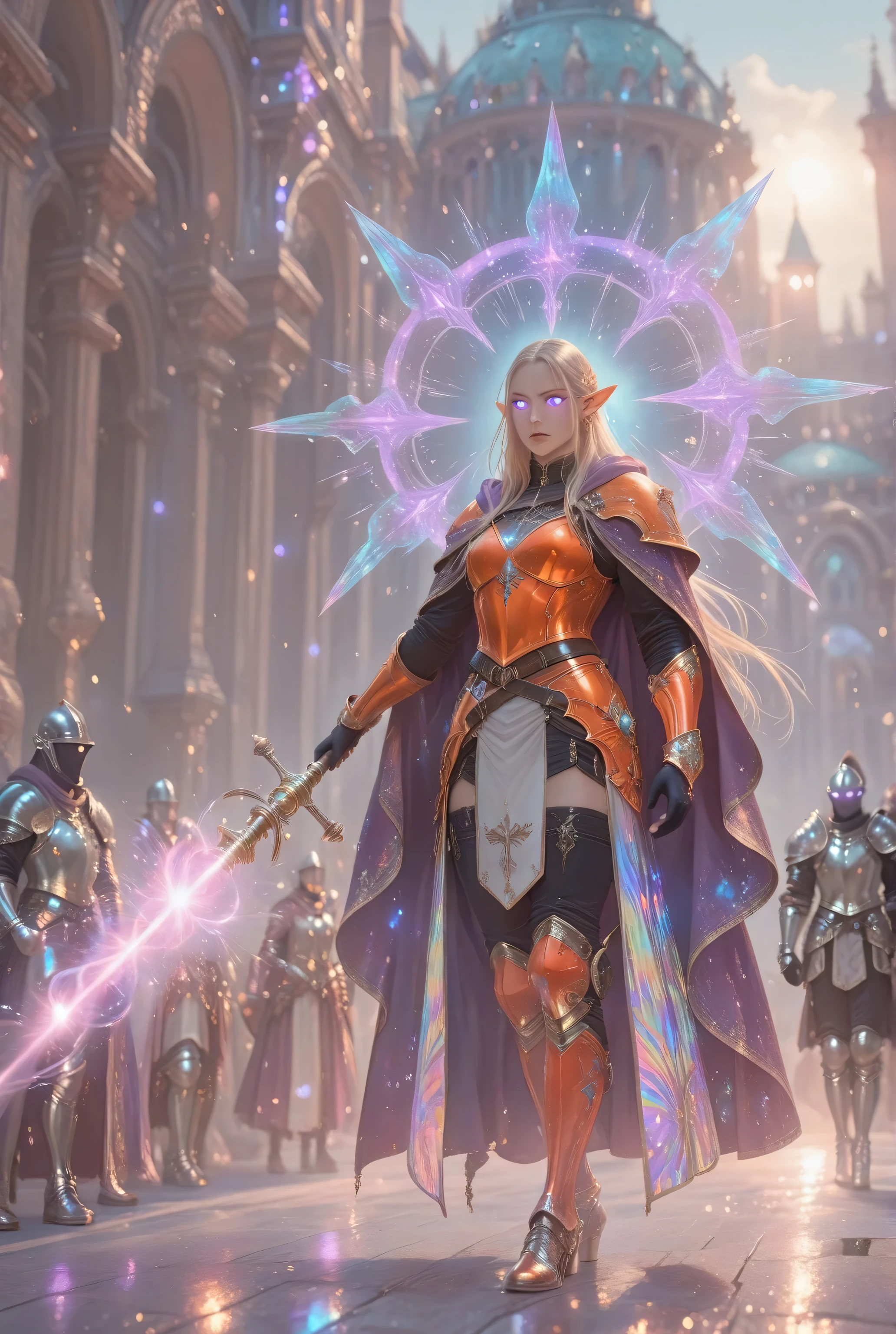 Fantasy Elements, soft luminous hues,celestial radiance,,ethereal glow,iridescent aesthetic,masterpiece, best quality, very aesthetic, absurdres,, full body shot of a female elf (intense details, Masterpiece, best quality) fantasy cleric, fantasy celestial guardian, armed with a holy symbol, shinning holy symbol, metallic shine, epic beautiful female elf, blond hair with red highlights , rich hair, purple glowing eyes, action shot, colorful magical sigils in the air, colorful divine markings floating, holding a holy symbol (intricate details, Masterpiece, best quality), fantasy magical urban street in elven city (intense details, Masterpiece, best quality), multi colored cloak cloak, long cloak, orange armor, armored dress,sense of daring, sense of adventure, high details, best quality, 16k, [ultra detailed], masterpiece, best quality, (extremely detailed), dynamic angle, ultra wide shot, photorealistic, RAW, fantasy art, dnd art,fantasy art, realistic art