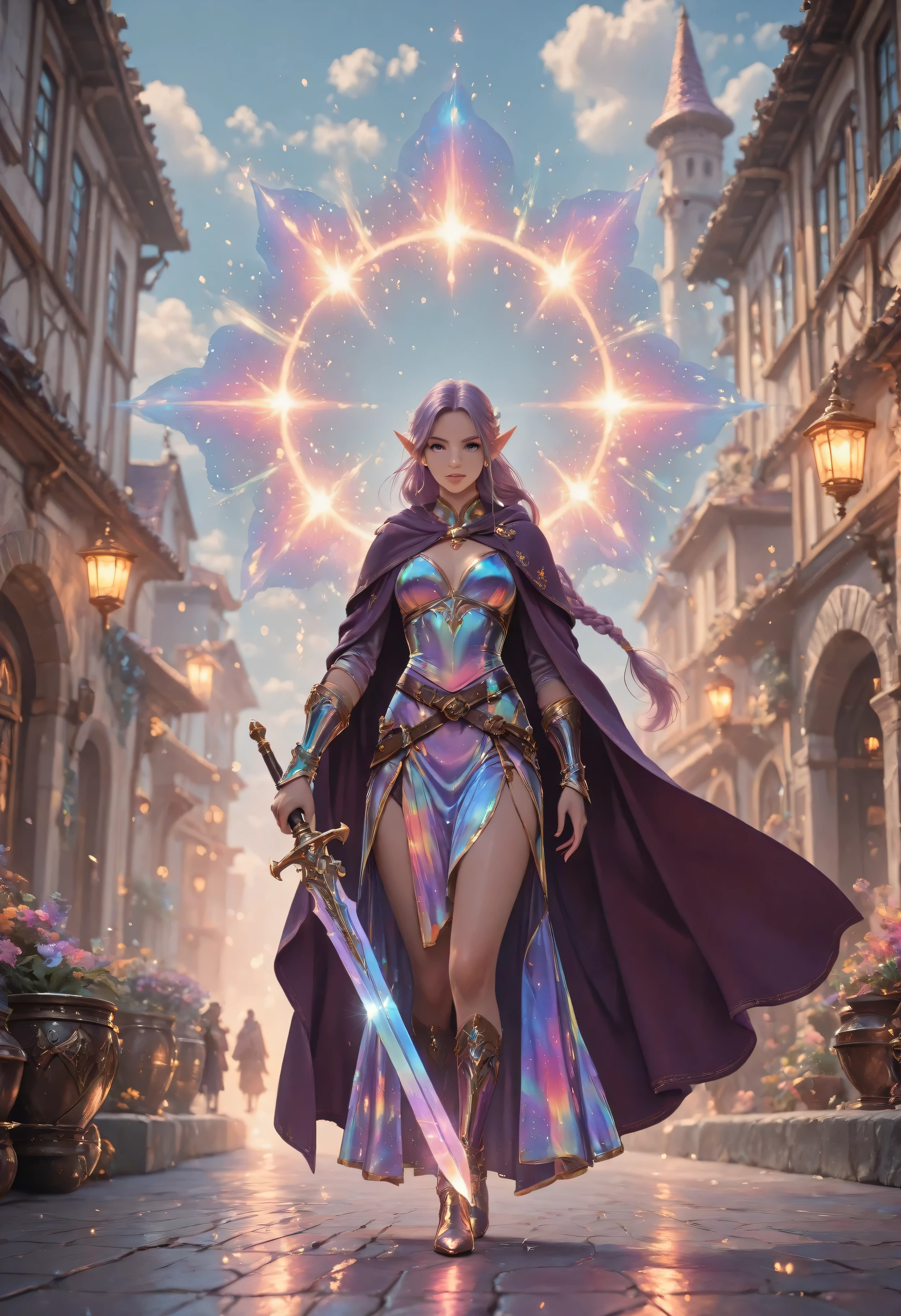 aidmaMJ6.1,Fantasy Elements,celestial radiance,dreamy fantasy,ethereal glow,iridescent aesthetic,a picture of a female elf (intense details, Masterpiece, best quality) fantasy swashbuckler, fantasy fencer, armed with a slim sword, shinning sword, metallic shine, colorful clothes, dynamic clothing, an ultra wide shot, full body (intense details, Masterpiece, best quality)epic beautiful female elf (intense details, Masterpiece, best quality), rich hair, braided hair, small pointed ears, action shot,  colorful magical sigils in the air, colorful arcane markings floating,  holding a sword (intricate details, Masterpiece, best quality), fantasy urban street (intense details, Masterpiece, best quality),  purple cloak, long cloak (intense details, Masterpiece, best quality), sense of daring, sense of adventure,  high details, best quality, 8k, [ultra detailed], masterpiece, best quality, (extremely detailed), dynamic angle, ultra wide shot, photorealistic, RAW, fantasy art, 