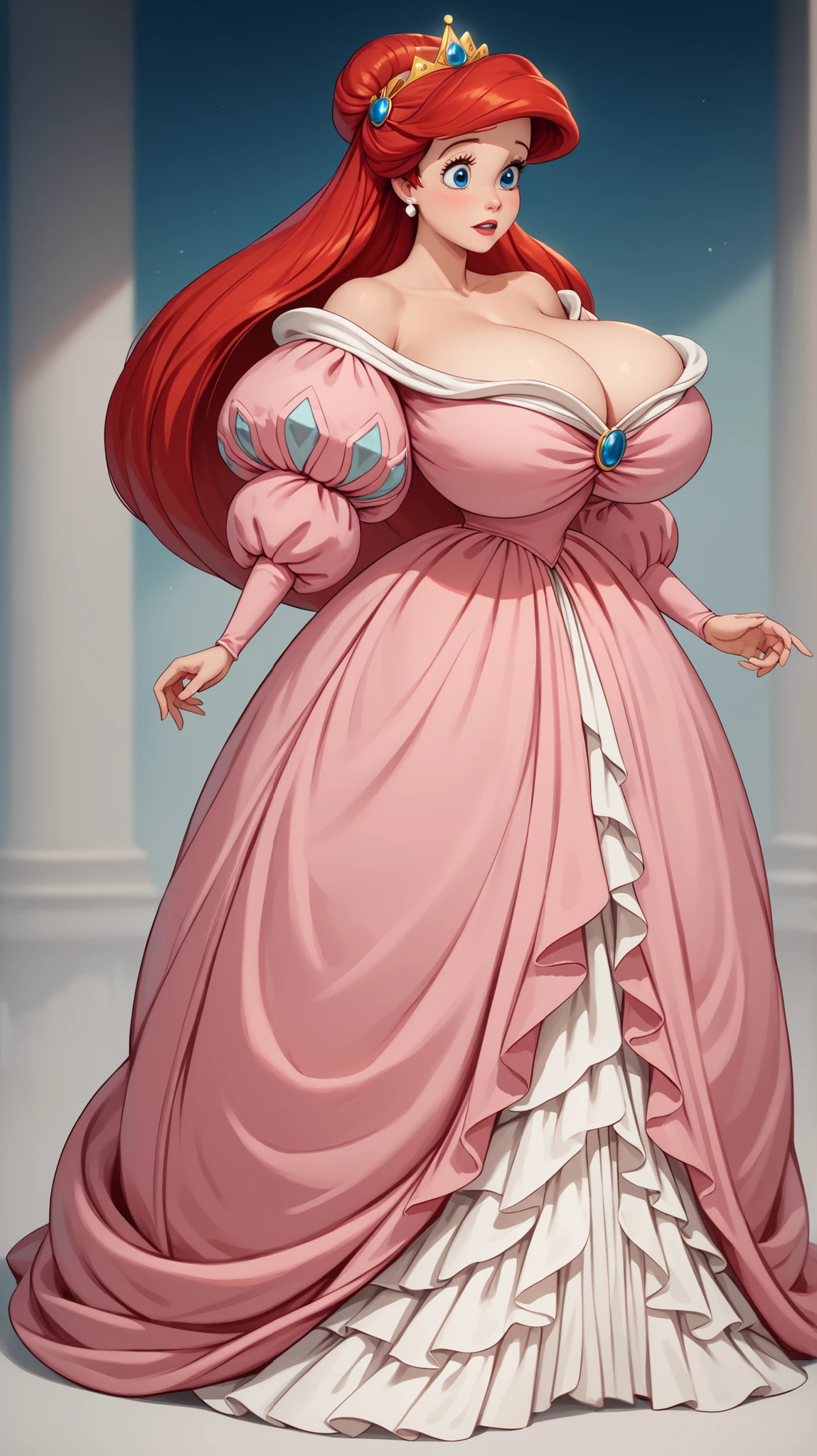 pink outfit, pink dress, juliet sleeves,1girl, Ariel, red hair, blue eyes,breasts,Gigantic breasts,hair ornament, jewelry, puffy sleeves, pink dress, off-shoulder dress, Disney Princess Ariel, The skirt is full and flowing, made from layers of soft, pale pink fabric.The gown has elegant puffed shoulder sleeves, (she has gigantic breasts:1.4), (she has extremely wide hips:1.6), full body. her breasts are fully covered by her gown, (full gown that goes past her feet:1.3), highly detailed gown, (very slim waist: 1.2), full body, (billowing skirt:1.3), (giant gown:1.3)