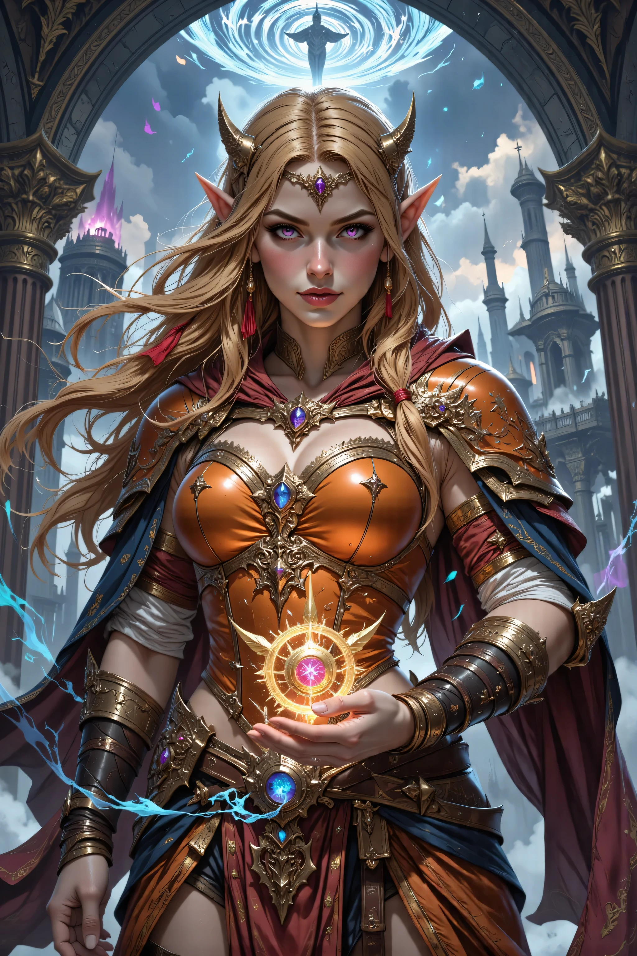 , full body shot of a female elf (intense details, Masterpiece, best quality) fantasy cleric, fantasy celestial guardian, armed with a holy symbol, shinning holy symbol, metallic shine, epic beautiful female elf, blond hair with red highlights , rich hair, purple glowing eyes, action shot, colorful magical sigils in the air, colorful divine markings floating, holding a holy symbol (intricate details, Masterpiece, best quality), fantasy magical urban street in elven city (intense details, Masterpiece, best quality), multi colored cloak cloak, long cloak, orange armor, armored dress,sense of daring, sense of adventure, high details, best quality, 16k, [ultra detailed], masterpiece, best quality, (extremely detailed), dynamic angle, ultra wide shot, photorealistic, RAW, fantasy art, dnd art,fantasy art, realistic art
