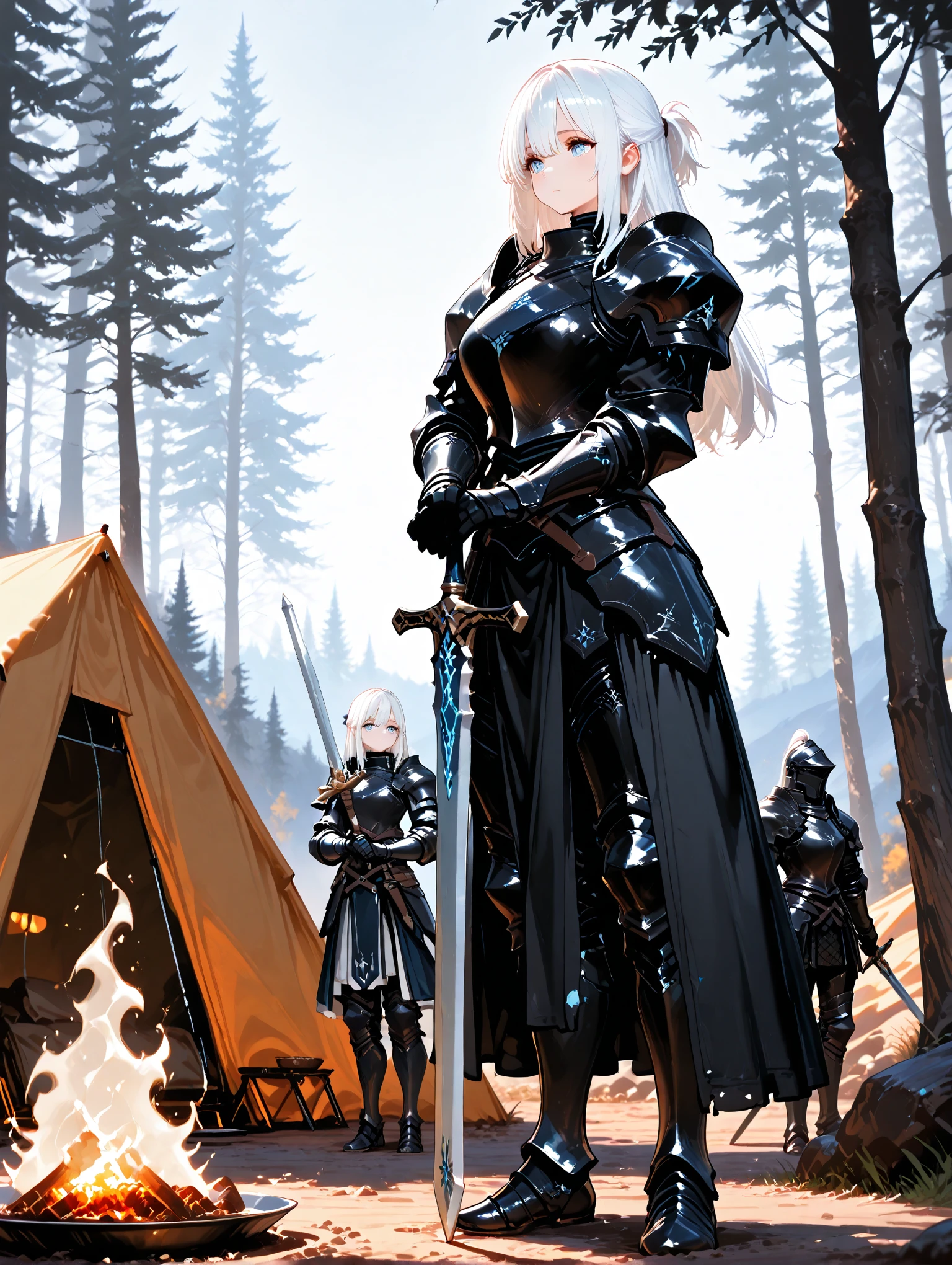 A group of  female knight, (in forest), various hair styles, harem, wearing armored clothes, metal armor, night, details face, , short skirt, seducing, sword 