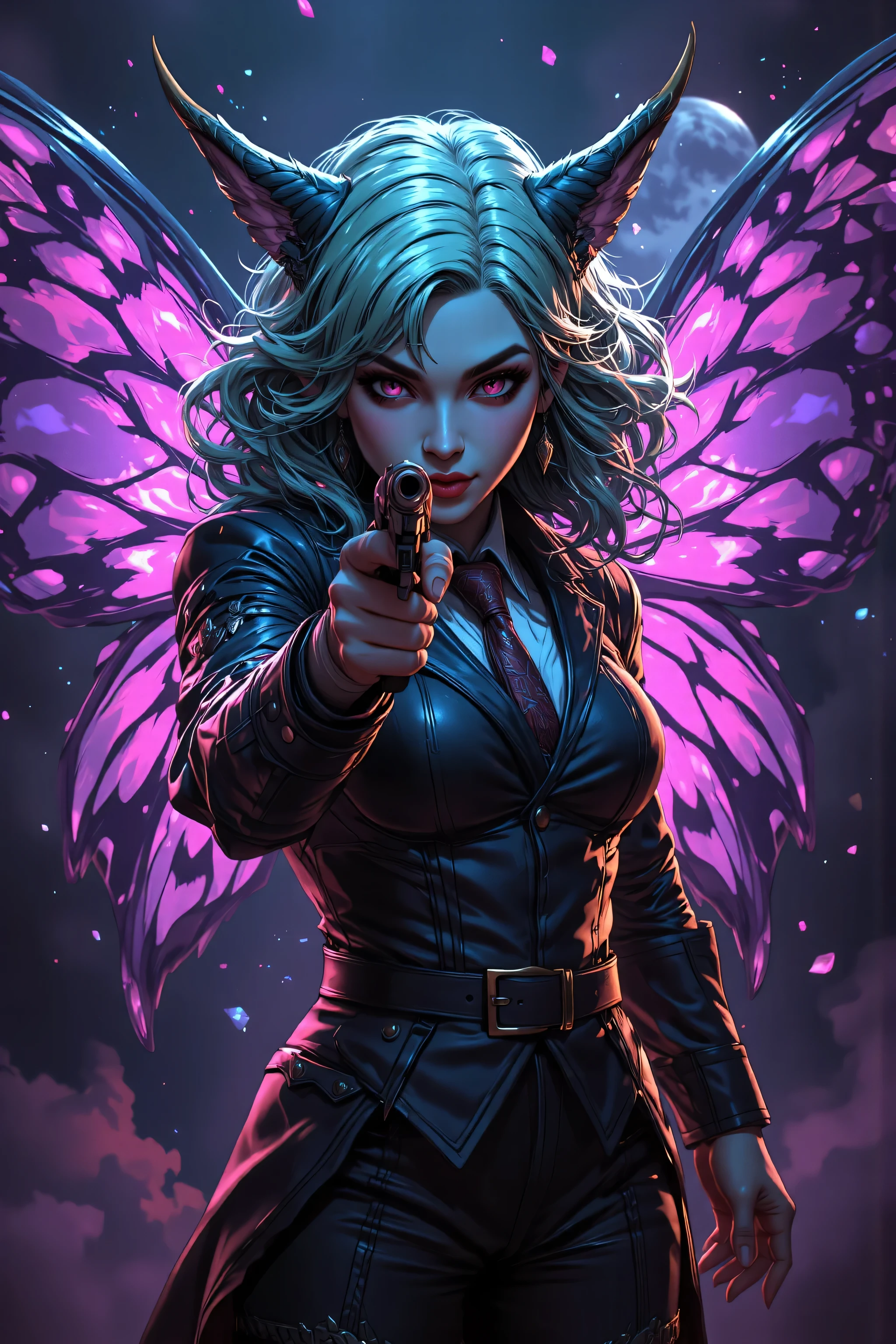 In the style of chargen_concept_art image of,OMNH,,a picture of a cyberpunk fairy, aiming a gun, threatening face, vicious smile,  an extraordinary beautiful, elegant beauty, spread butterfly wings, blue and purple wings, pink eyes, glowing eyes, best detailed face,  green hair, rich hair, wavy hair, wearing dark suit, red tie, cyberpunk themed suit, wild suit,  Hyperrealism style, vibrant, Ultra-high resolution, High Contrast, (masterpiece:1.5), highest quality, Best aesthetics), best details, best quality, highres, ultra wide angle, 16k, [ultra detailed], masterpiece, best quality, (extremely detailed) RAW, 