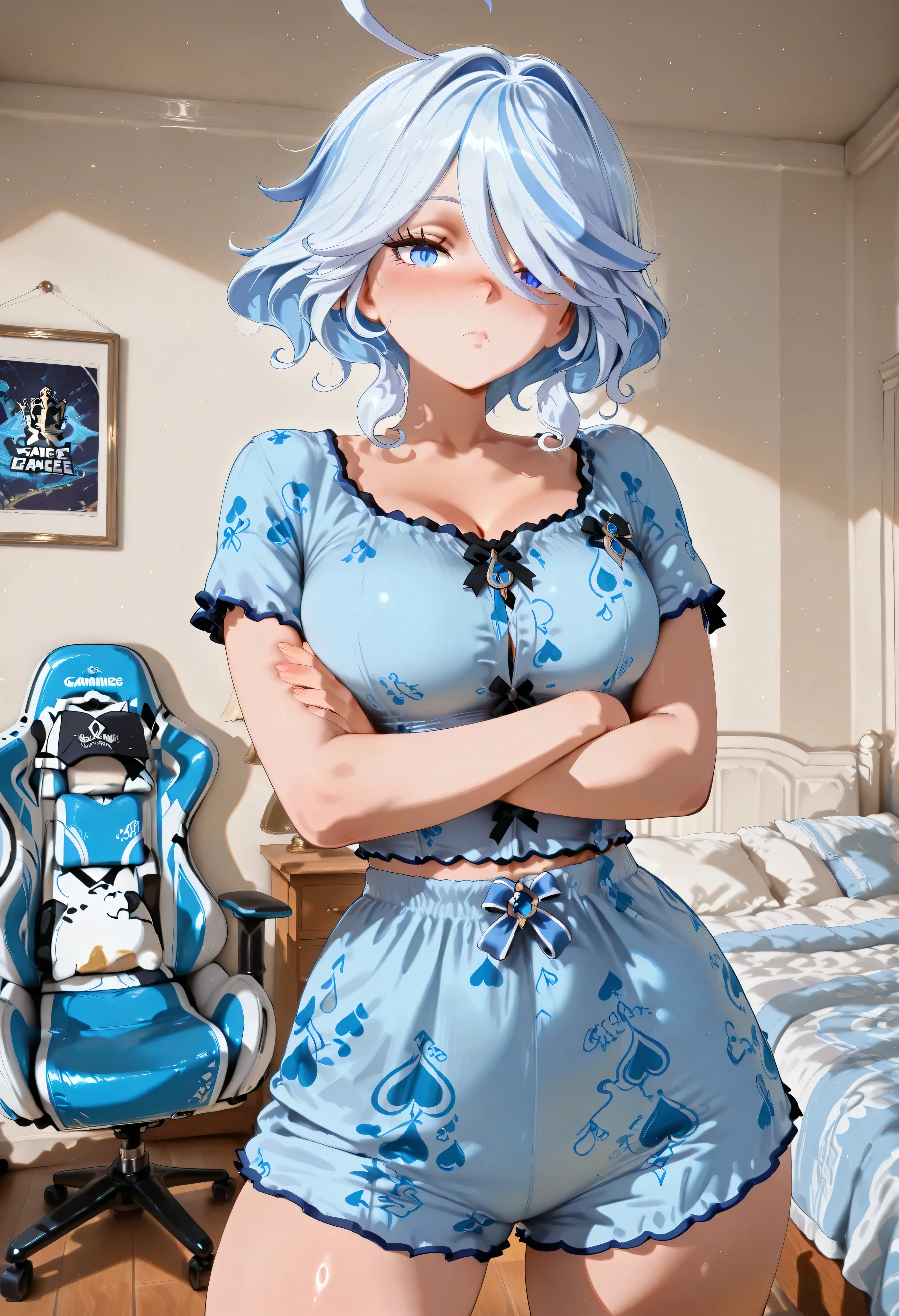 score_9, score_8_up, score_7_up, score_6_up, score_5_up, score_4_up, masterpiece, high quality, shiny skin, shiny hair, shiny body, clear body, large breasts, nose blush, nice legs, standing, nice legs, posing, SFW, looking at viewer, thick thigh, thick thighs, nice face, large breasts, solo, bedroom, posing, pose, contrapposto, detailed bedroom, bed, gaming chair, gaming pc, pants, pants, fully pants, ht_pajamas,laces, crossed arms, 1girl, furina, blue eyes, blue hair, cowlick, ahoge, hair over one eye, light blue hair, short hair,