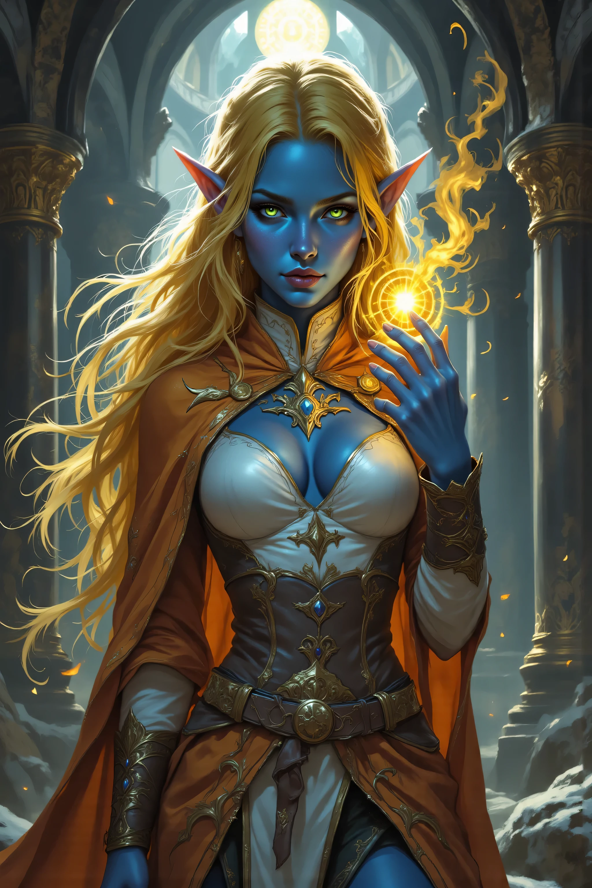 In the style of chargen_concept_art image of,OMNH,portrait of a female cleric ((dark blue skin)), intense details facial details, exquisite beauty, cleric, (dark blue skin)) female, ((yellow hair)), long hair, (((no ears))), (green eyes), holding a glowing sun symbol, wearing (twilight priestly combat vestments:), wearing white armor, wearing high heeled boots, wearing white armor, wearing an (orange cloak), fantasy art, dnd art, RPG art, wide shot, (masterpiece) intense details, highly detailed, photorealistic, best quality, highres, within fantasy temple background, reflection light, high details, best quality, 16k, [ultra detailed], masterpiece, best quality, (extremely detailed), close up, ultra wide shot, photorealistic, RAW, fantasy art, dnd art, fantasy art, realistic art,((best quality)), ((masterpiece)), (detailed), perfect face, strapless, lace up stilettos, fantasy, Cinematic Shot, dvr-hgh-fnt, d4f4b