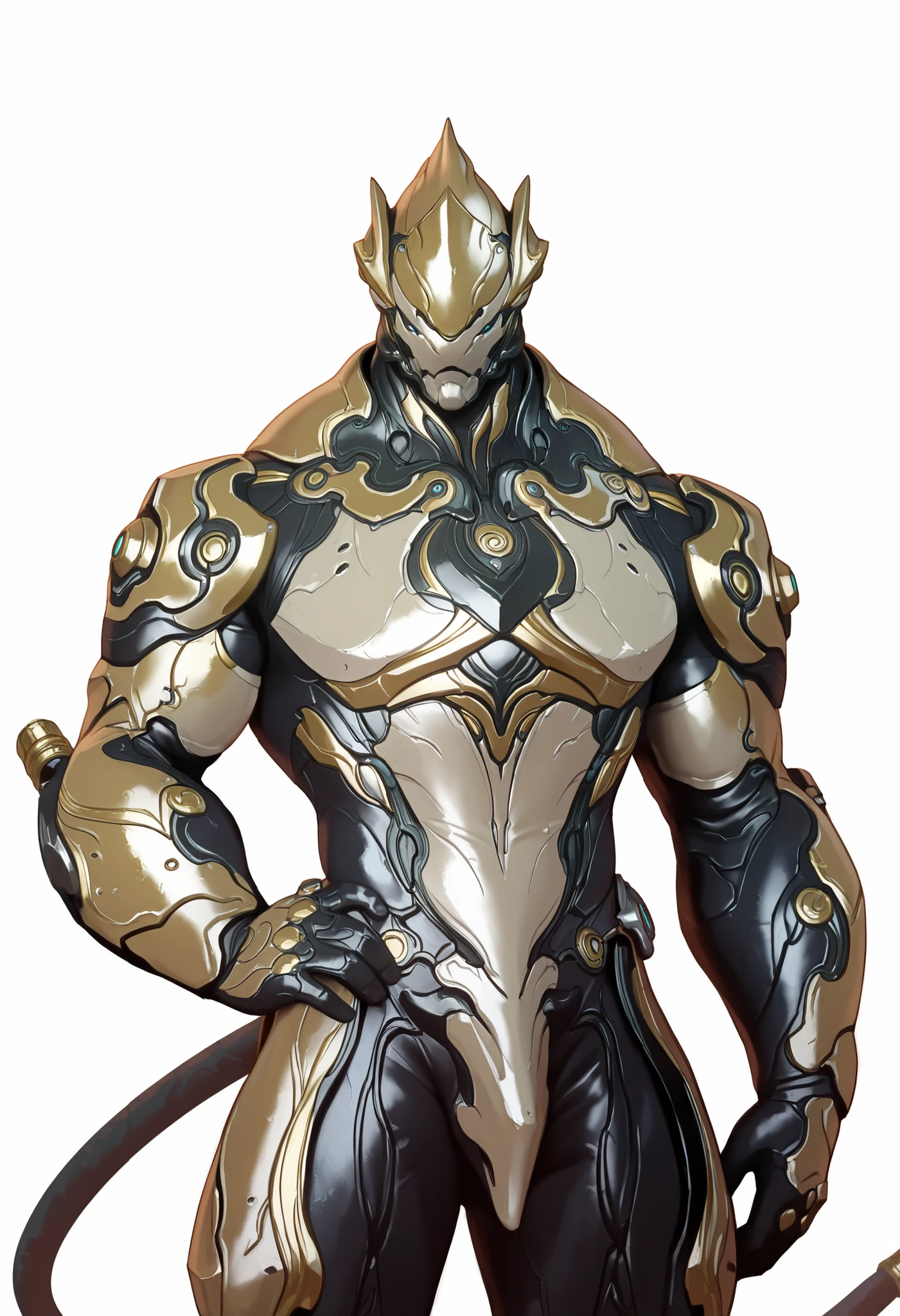 masterpiece, best quality, amazing quality, very aesthetic, 1 boy, dnd warforged, anthro, Banyue, fantasy, mechanical imitation of muscles, balanced physique, tail, mechanical detailed face, mechanical body, simple white background, colorless sketch,, warframe, full armor