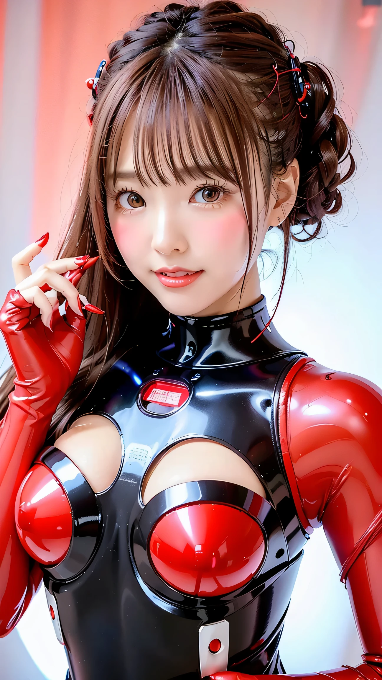 (Closeup of her smile)、(robot wearing a Santa Claus costume)、(Robot pose with open arms)、(top quality, and high precision, masterpiece:1.2), (delivering presents:1.8)、(Cute robot face)、detail, realistic:1.37,(Perfect Anatomy),moderator robot、Santa Claus style 、thick metal necklace ,futuristic electric hair accessory、red sexy cyber suit similar to Santa Claus 、 ( futuristic glowing red ,Skin-tight, high cut clear polymer resin cyborg suit .:1.3),( precision electronic circuit inside the main body :1.43),beautiful idol woman 、lots of tubes,( sexy Santa robot :1.1),big eyes、smile,(Glowing Eyes:1.3),Beautiful Skin, short hair, 、 Beautiful Lips,(The robot has been remodeled into a cute Santa Claus robot suit, metal necklace ,futuristic electric hair accessory, big eyes,black short hair、黒い髪、(The background is a reindeer and sleigh:1.7)、Robot in Santa costume、