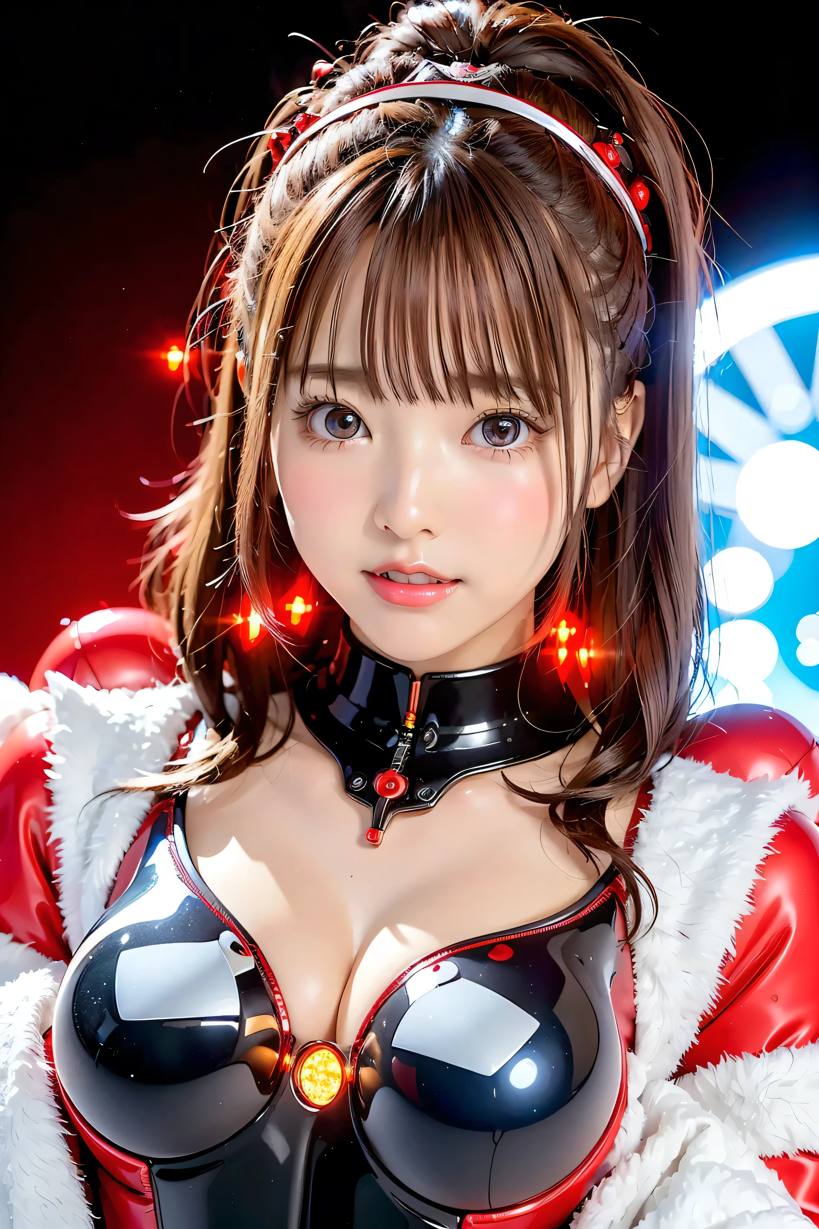 (Closeup of her smile)、(robot wearing a Santa Claus costume)、(top quality, and high precision, masterpiece:1.2), (カジノでRouletteのdealersをしているロボット:1.8)、(Cute robot face)、detail, realistic:1.37,(Perfect Anatomy),moderator robot、Santa Claus style 、thick metal necklace ,futuristic electric hair accessory、red sexy cyber suit similar to Santa Claus 、 ( futuristic glowing red 、high cut clear polymer resin cyborg suit .:1.3),( precision electronic circuit inside the main body :1.43),beautiful idol woman 、lots of tubes,( sexy Santa robot :1.1),big eyes、smile,(Glowing Eyes:1.3),Beautiful Skin, short hair, 、 Beautiful Lips,(cute Santa Claus robot suit), metal necklace ,futuristic electric hair accessory, big eyes,black short hair、黒い髪、(and the background is a Las Vegas casino:1.7)、彼女はRouletteのdealersをしている、Roulette、dealers