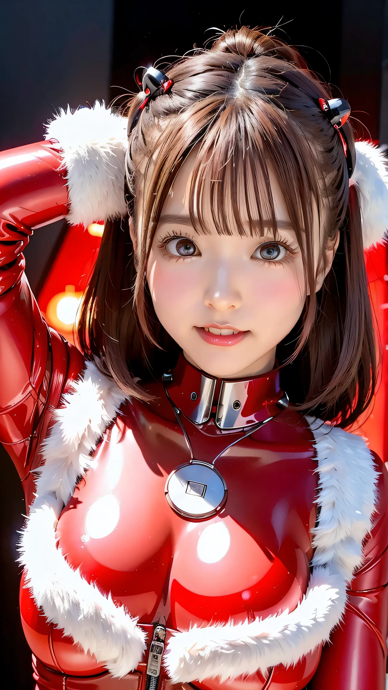 (Closeup of her smile)、(robot wearing a Santa Claus costume)、(Robot pose with open arms)、(top quality, and high precision, masterpiece:1.2), (delivering presents:1.8)、(Cute robot face)、detail, realistic:1.37,(Perfect Anatomy),moderator robot、Santa Claus style 、thick metal necklace ,futuristic electric hair accessory、red sexy cyber suit similar to Santa Claus 、 ( futuristic glowing red ,Skin-tight, high cut clear polymer resin cyborg suit .:1.3),( precision electronic circuit inside the main body :1.43),beautiful idol woman 、lots of tubes,( sexy Santa robot :1.1),big eyes、smile,(Glowing Eyes:1.3),Beautiful Skin, short hair, 、 Beautiful Lips,(The robot has been remodeled into a cute Santa Claus robot suit, metal necklace ,futuristic electric hair accessory, big eyes,black short hair、黒い髪、(The background is a reindeer and sleigh:1.7)、Robot in Santa costume、