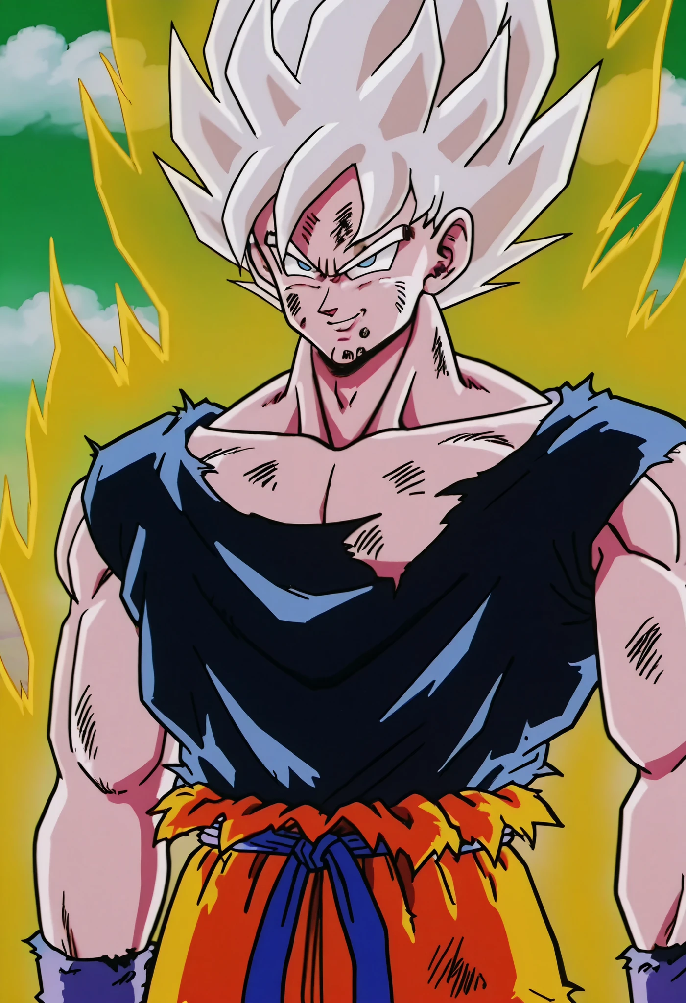 masterpiece, mejor calidad, Son Goku, Alone , pelo rubio, yellow aura , Simple Background, shirt, a boy, standing, upper body, white hair, male focus, sky, pants, cloud, ojos negros, Ripped clothing, Muscular, frown, cloudy sky, pointed hair, smile burlona, smile, shaded face, bracelet, angry, green background, Serious, arms at the sides, torn shirt, , dougi, Super Saiyan,  face,  clothes, Super Saiyan 1,