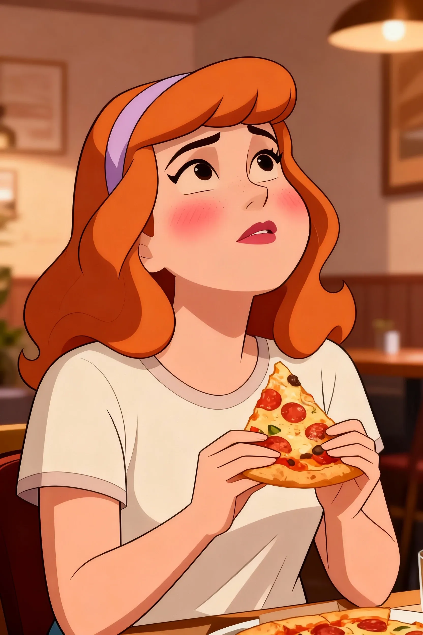 Marilyn Monroe,  outfit, eating a donut crumbs fallen on her , morning sun. dining room with many large windows