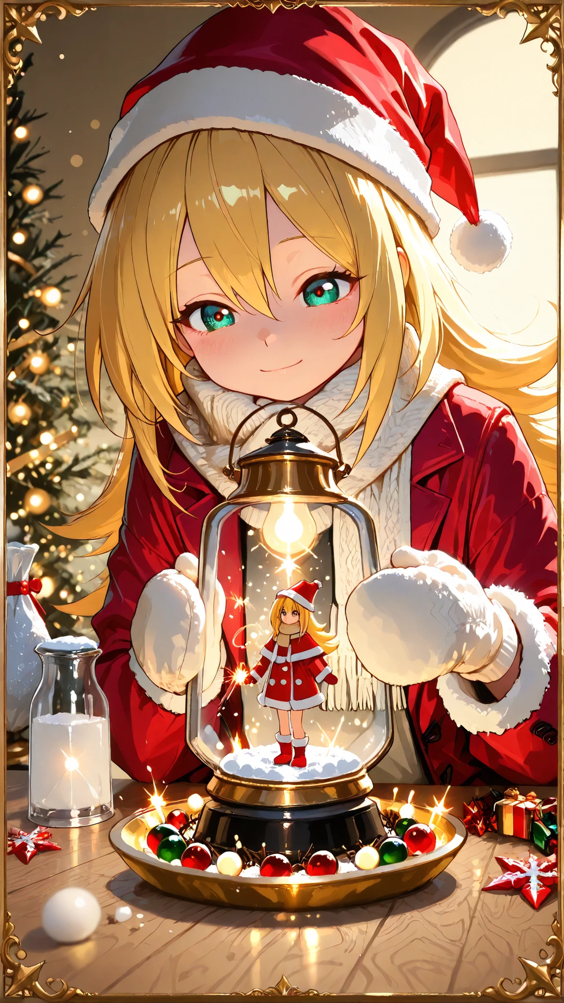 darck Magician Girl. masterpiece, High Quality, 8k, illustration, anime style, Christmas theme, 1girl, long golden hair, small Santa Claus hat, Red velvet coat with white fur trim, knitted scarf and mittens, miniature Christmas market with merry-go-round and candy stalls, warm windows with lamp light, pine ornaments and glass ornaments, swirling shiny snow, frosted edge on the vase, refractive and caustic reflections, Close-up macro, shallow depth of field, creamy bokeh, warm golden light key, cool moonlit border, soft smile, shiny eyes palette, Delicate eyelashes, embroidered fabric details, fluffy fur texture, magic sparks, festive, cozy and bright environment, elegant body lines